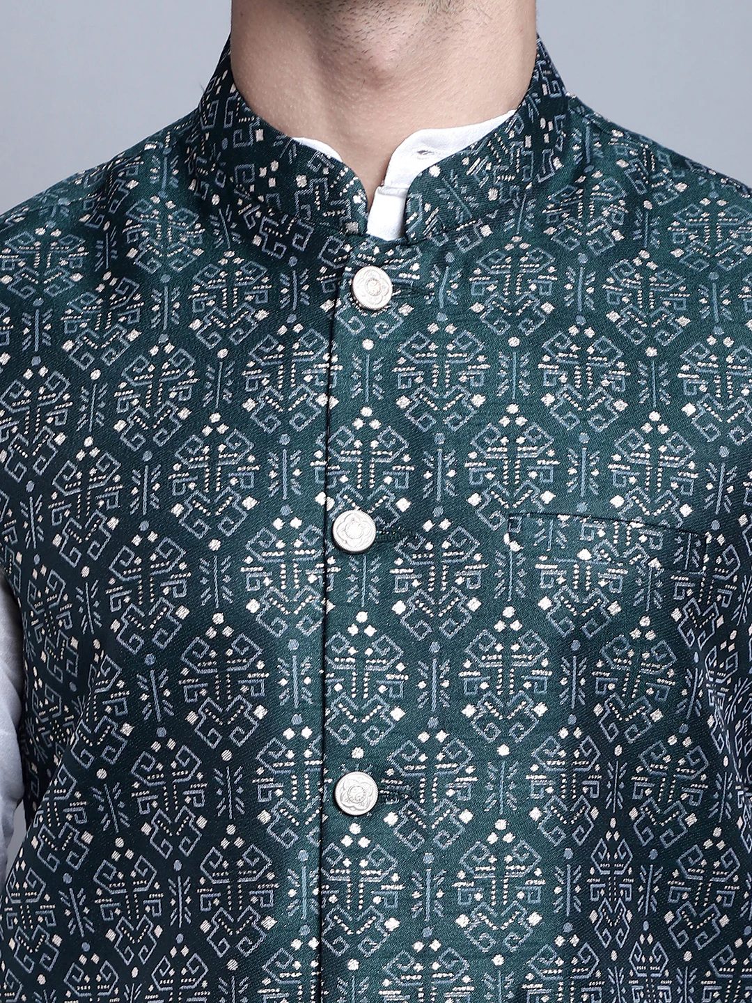 Men's Indian Vest Nehru Jacket Brocade Geometric Pattern (Olive) - Image 6