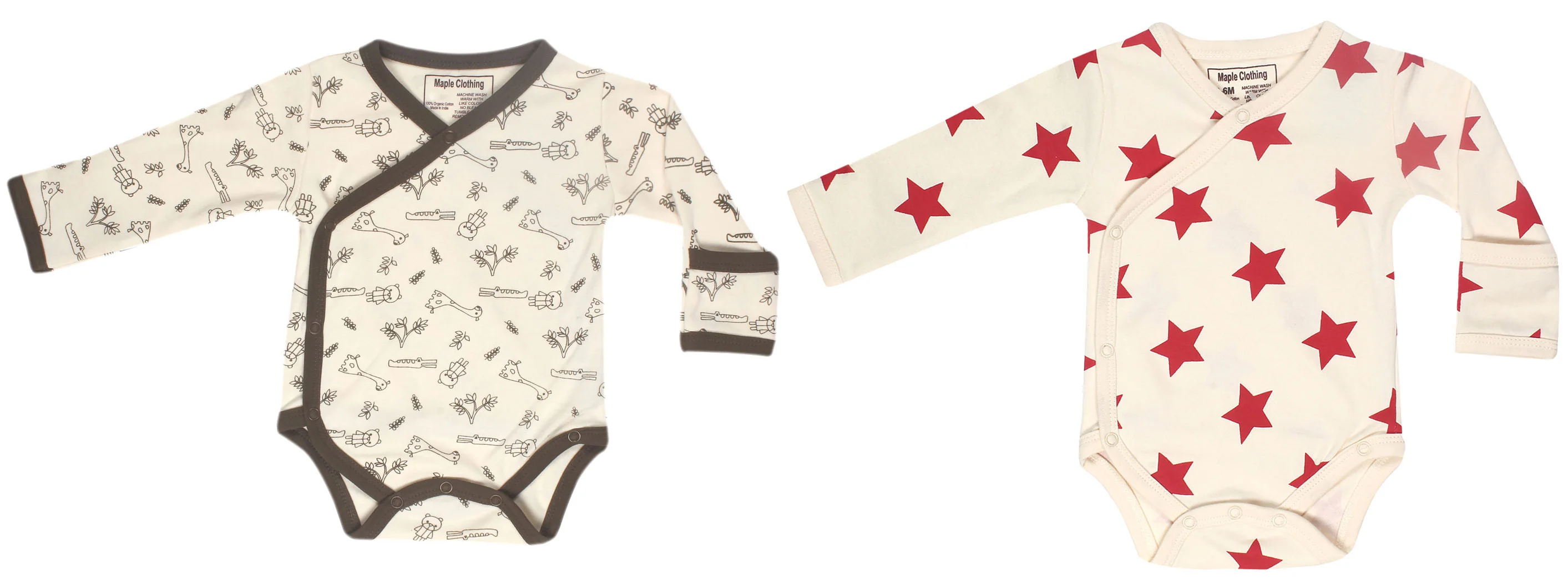 Organic Cotton Baby Bodysuit Long Sleeve (2 pack, Star/Giraffe)