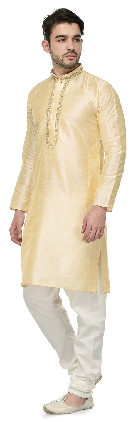 Party Wear Dupion Silk Mens Kurta Pajama India Clothing (Golden) - Image 2