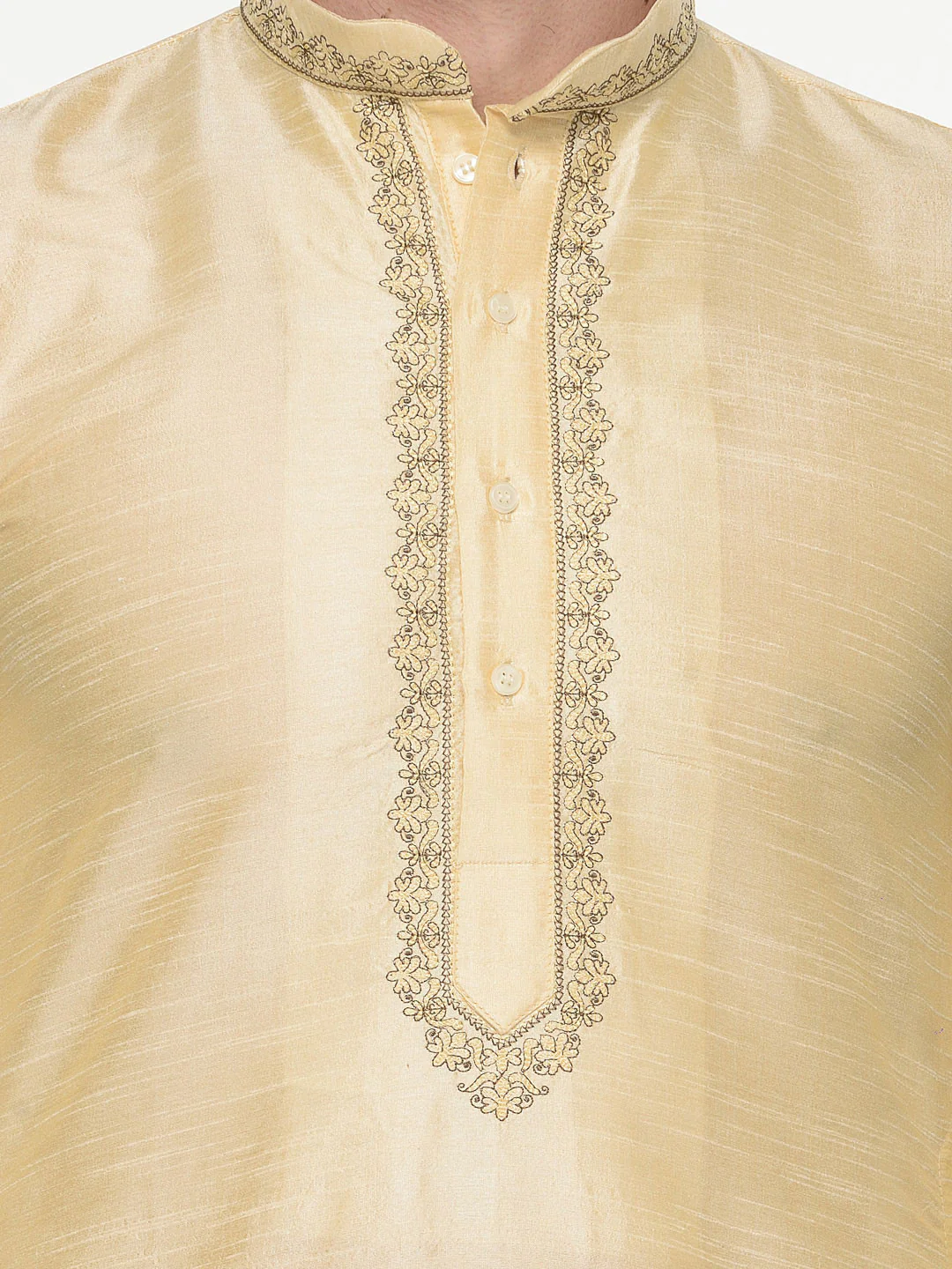 Party Wear Dupion Silk Mens Kurta Pajama India Clothing (Golden) - Image 4