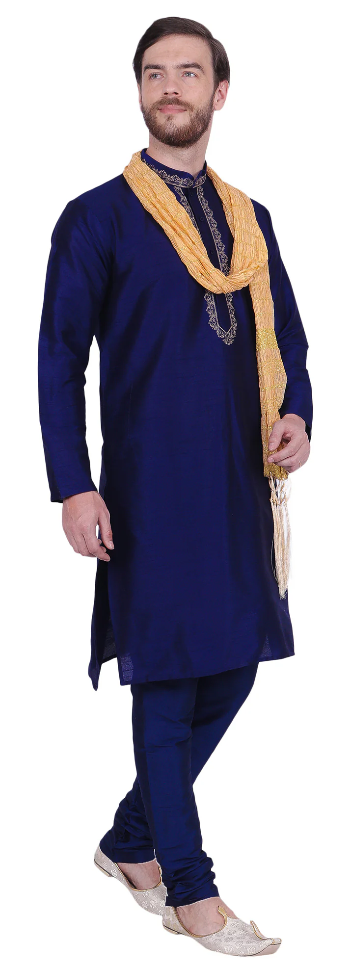 Party Wear Dupion Silk Men's Kurta Pyjama with Scarf Indian Clothes (Blue) - Image 2