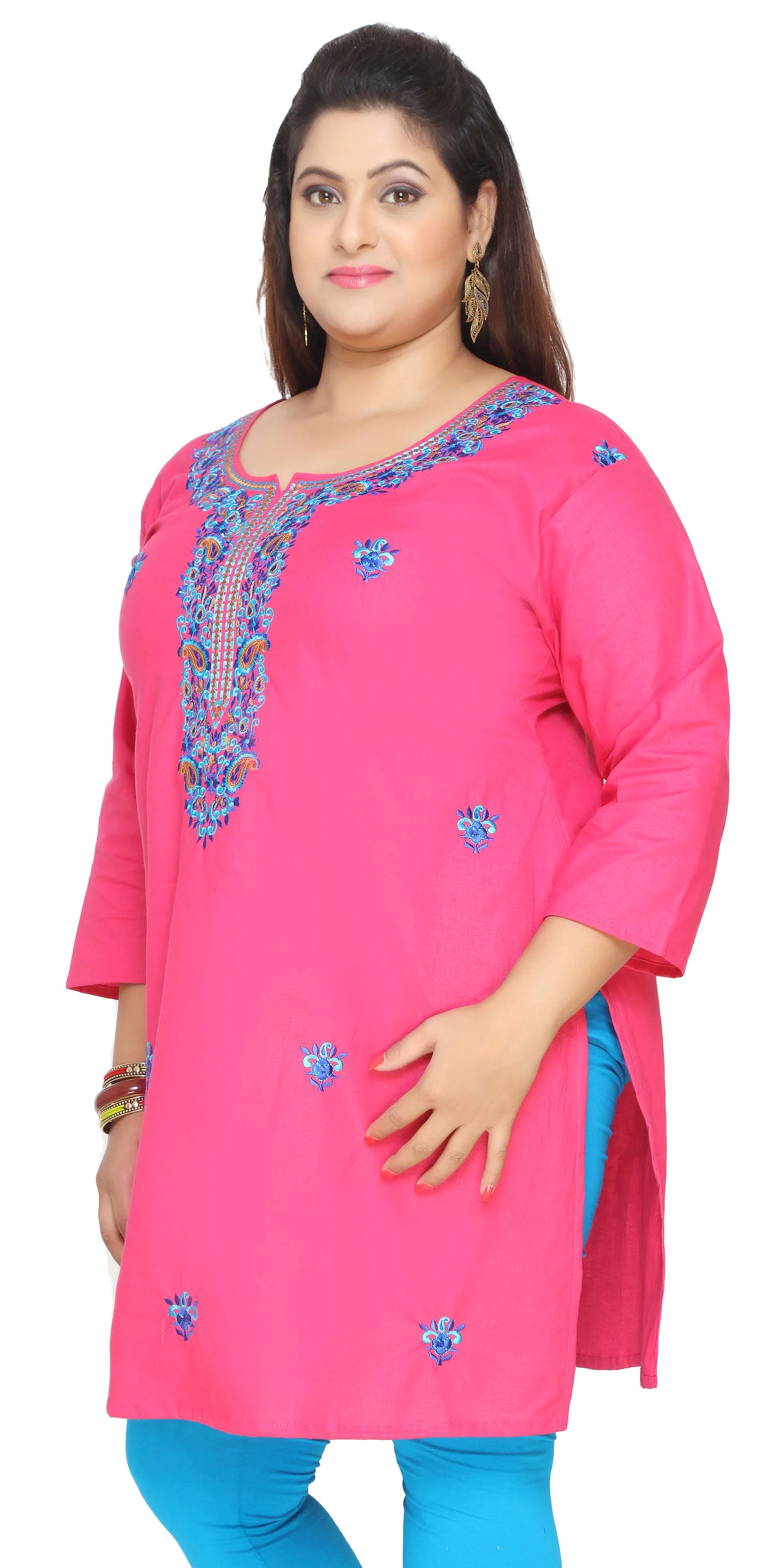Plus Size Womens Indian Cotton Tunics Kurti Long Top Apparel (Pink) - Image 2