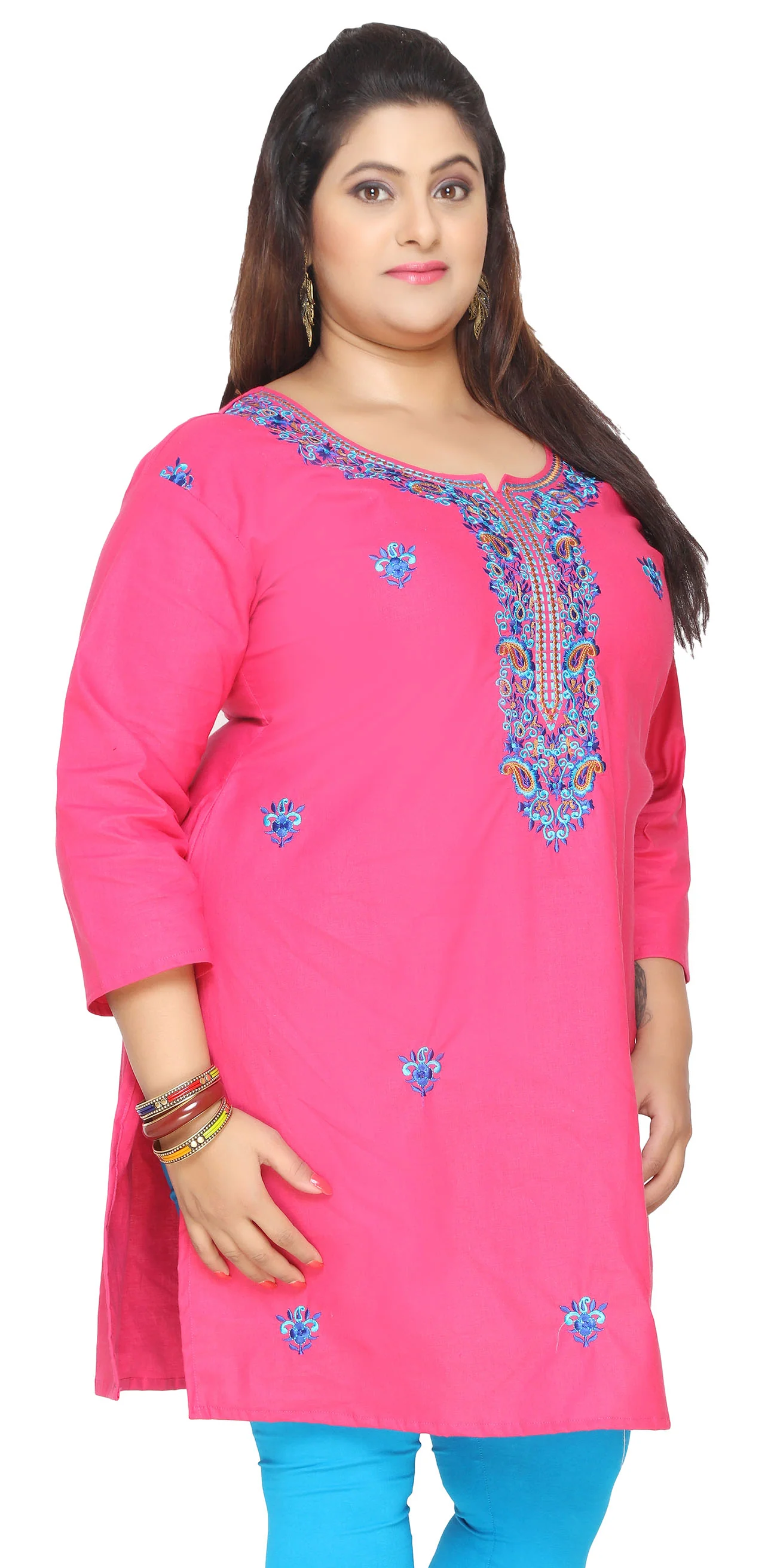Plus Size Womens Indian Cotton Tunics Kurti Long Top Apparel (Pink) - Image 3