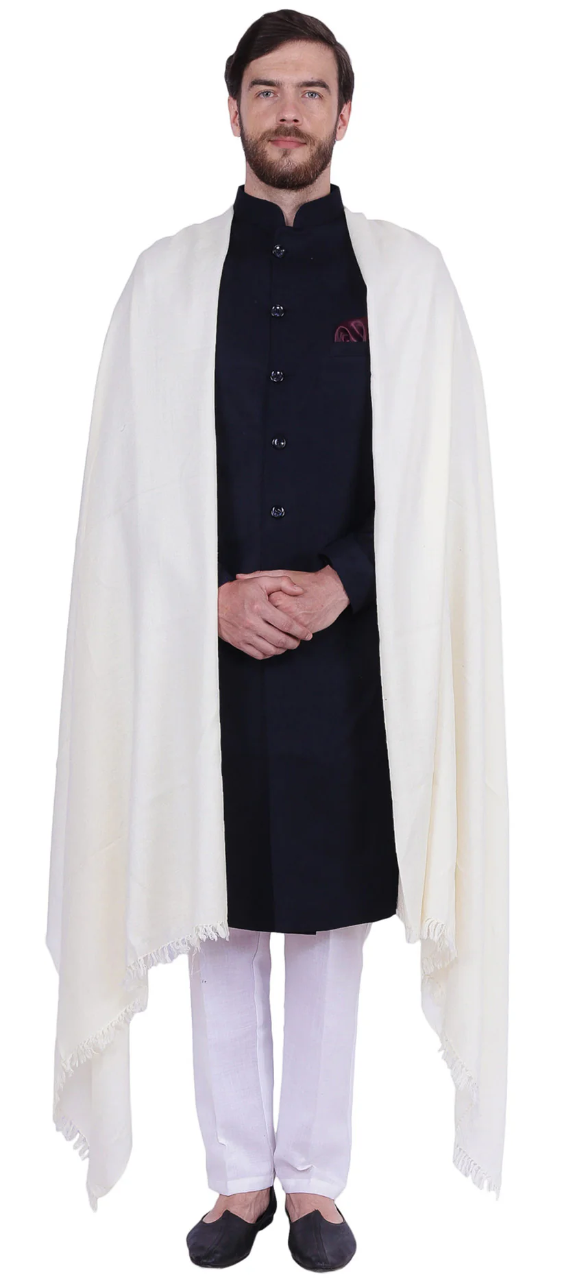 Prayer Indian Shawl Pure Wool Mens Winter India Clothing (Off-White) - Image 3