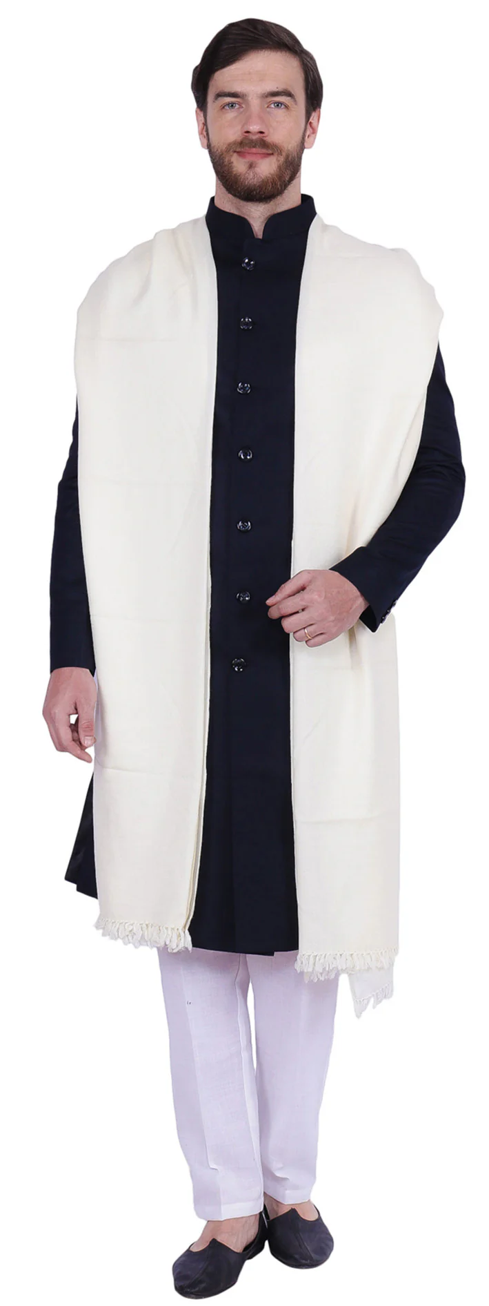 Prayer Indian Shawl Pure Wool Mens Winter India Clothing (Off-White) - Image 4