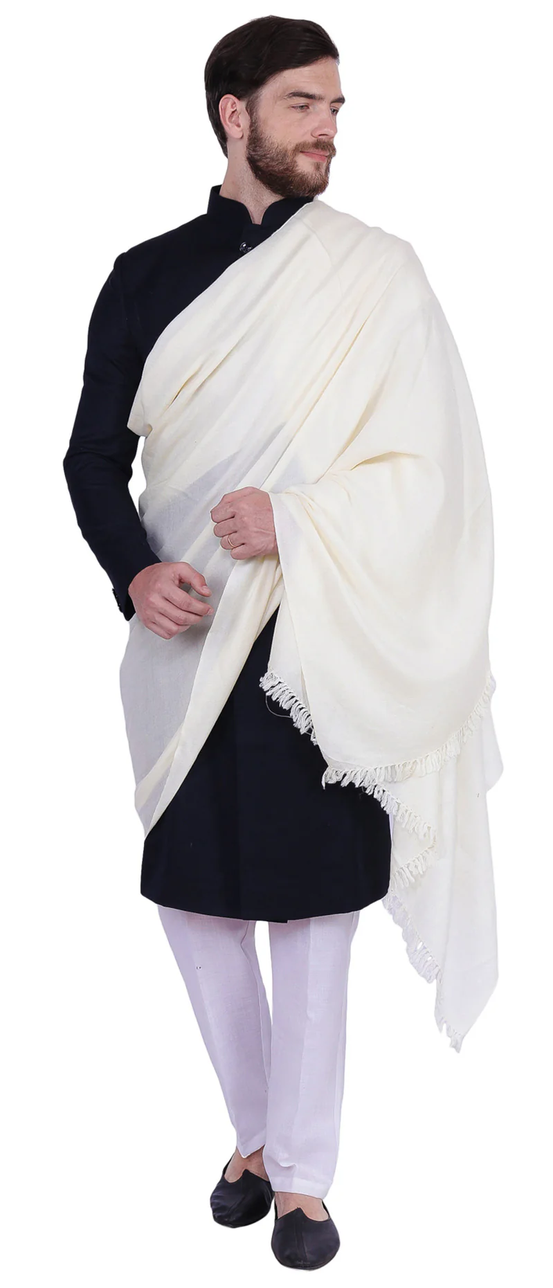 Prayer Indian Shawl Pure Wool Mens Winter India Clothing (Off-White) - Image 5