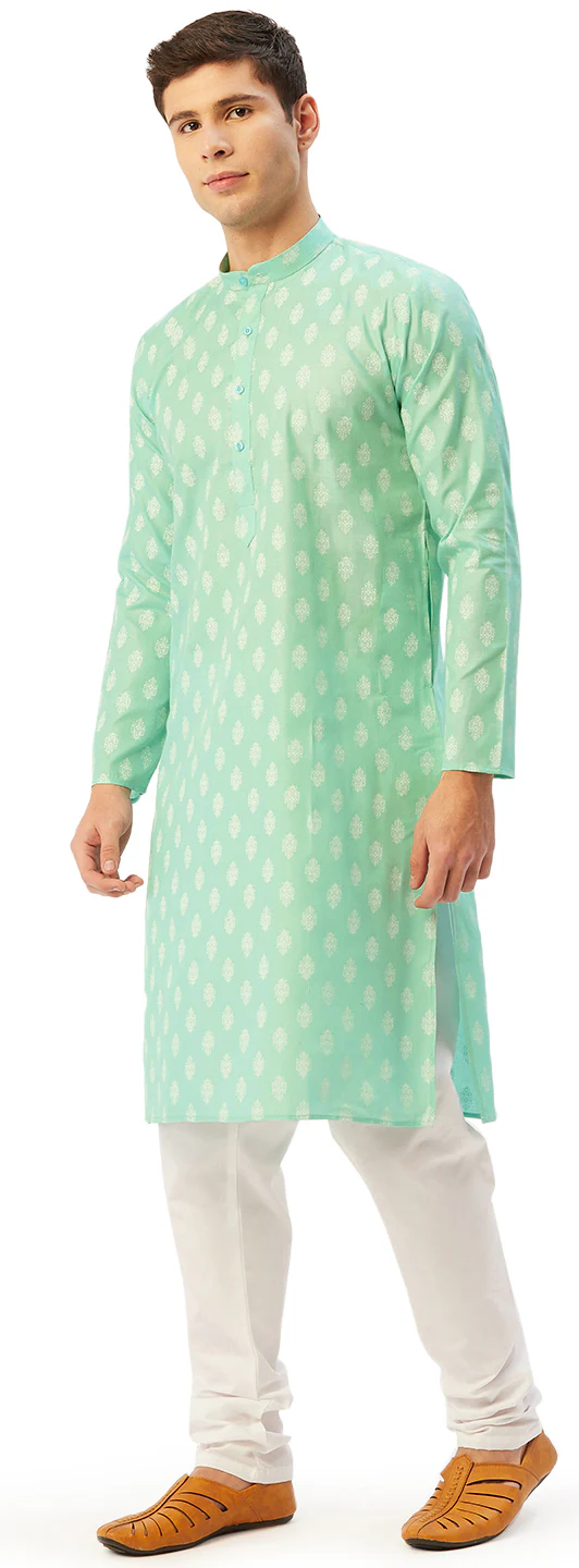 Printed Casual Wear Men's Cotton Kurta Pyjama India Apparel (Green) - Image 2