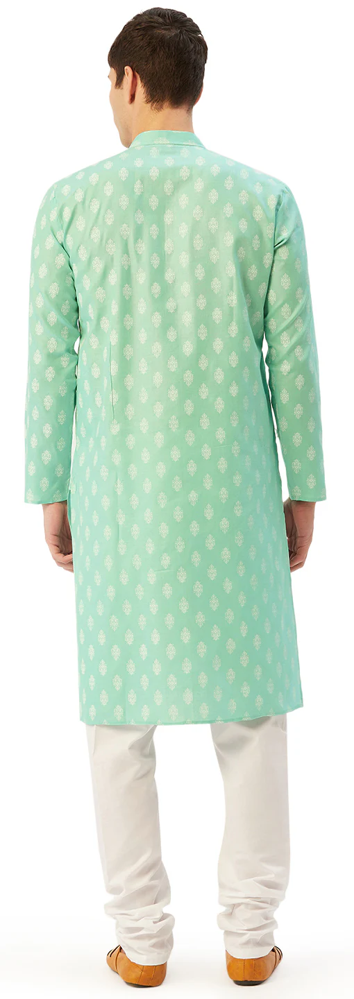 Printed Casual Wear Men's Cotton Kurta Pyjama India Apparel (Green) - Image 3