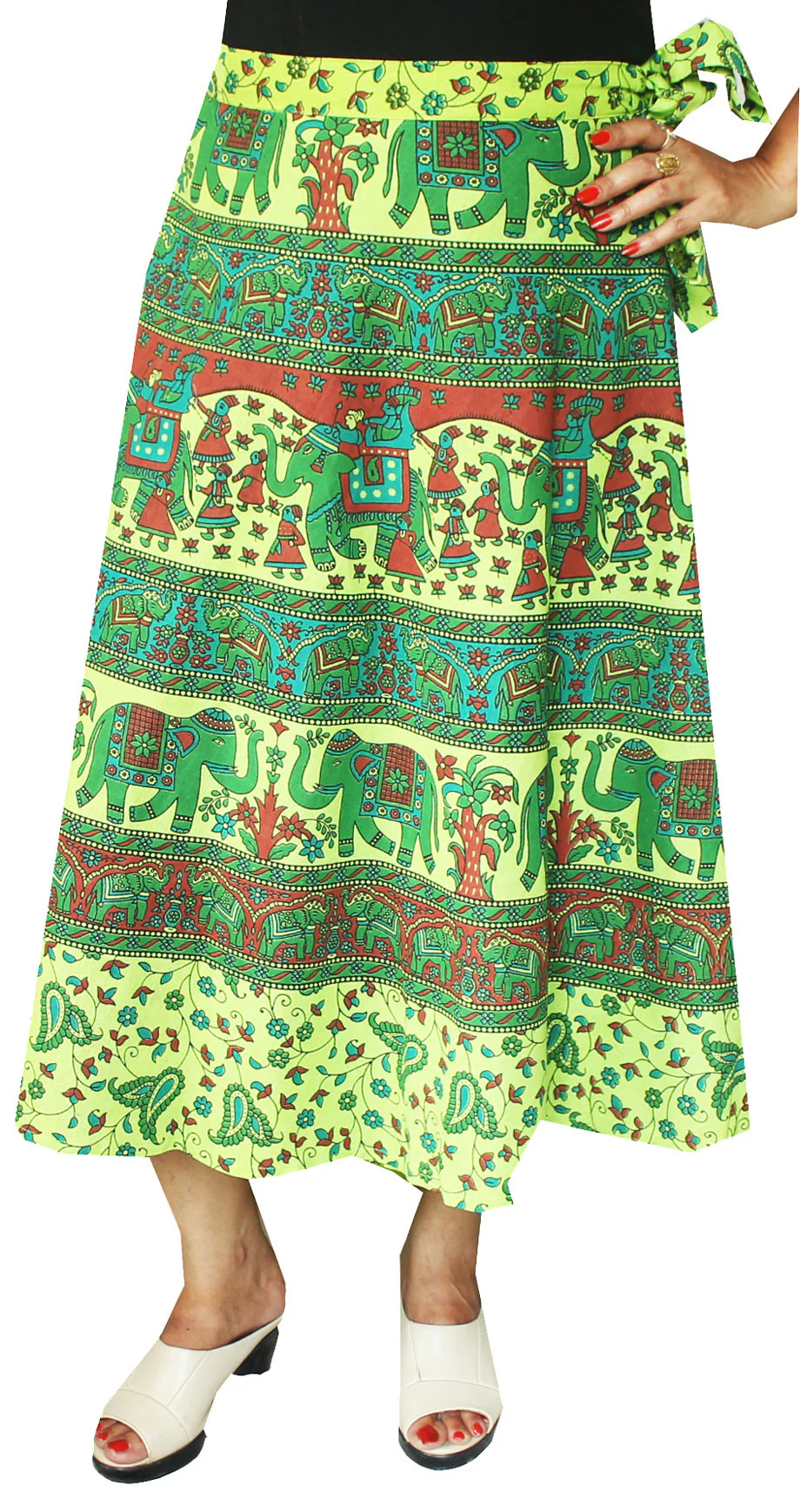 Printed Cotton Long Wrap Skirt from India (Green) - Image 2