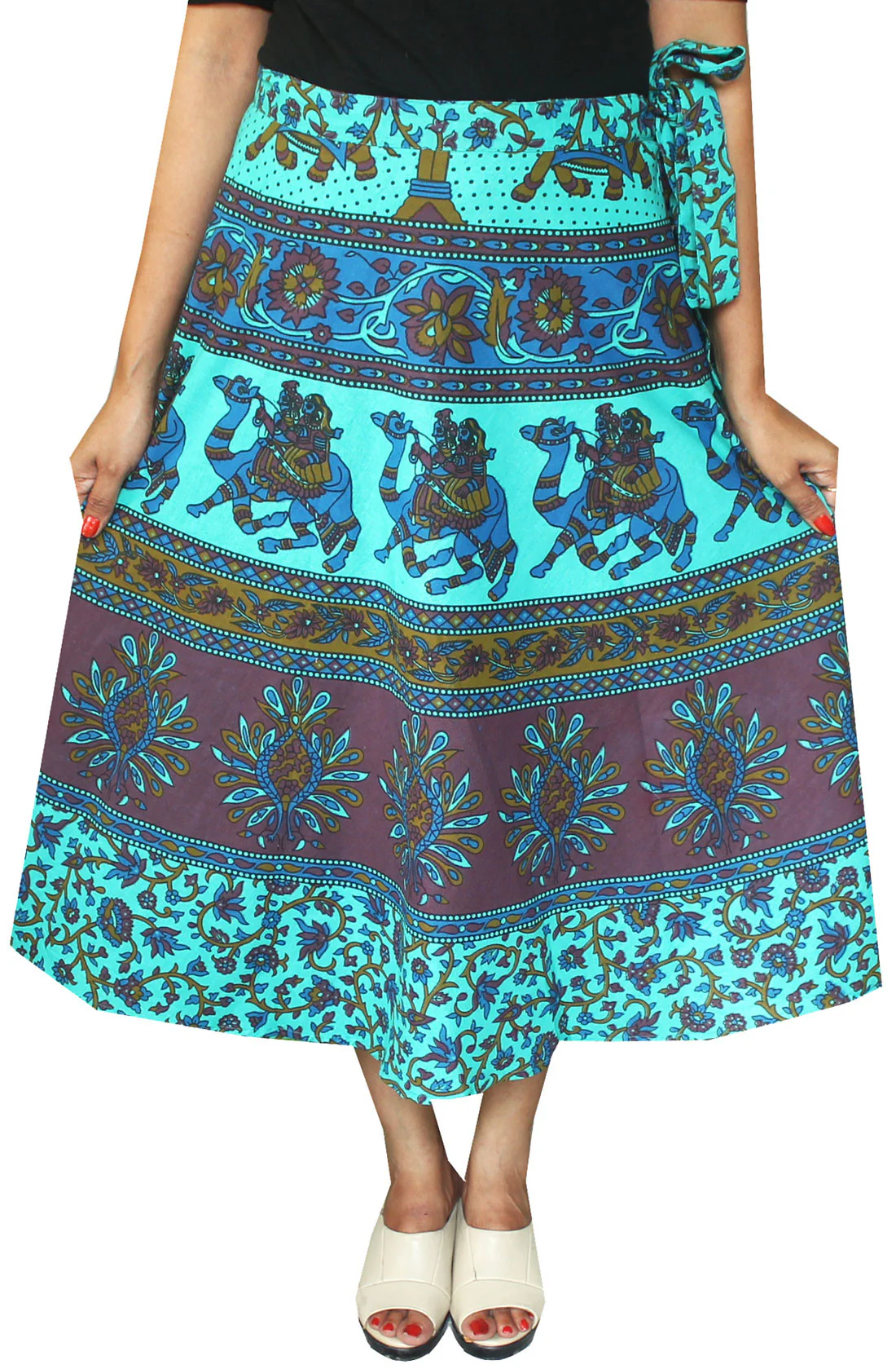 Printed Cotton Long Wrap Skirt from India (Blue) - Image 2