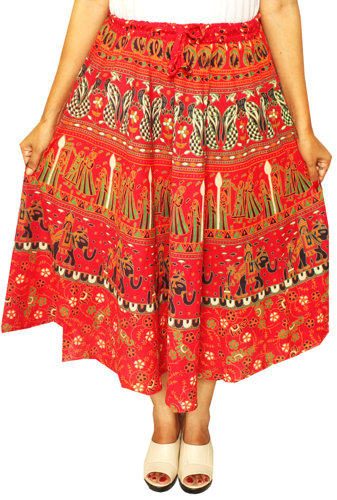 Printed Cotton Womens Long Skirt Indian Clothing (Red) - Image 2
