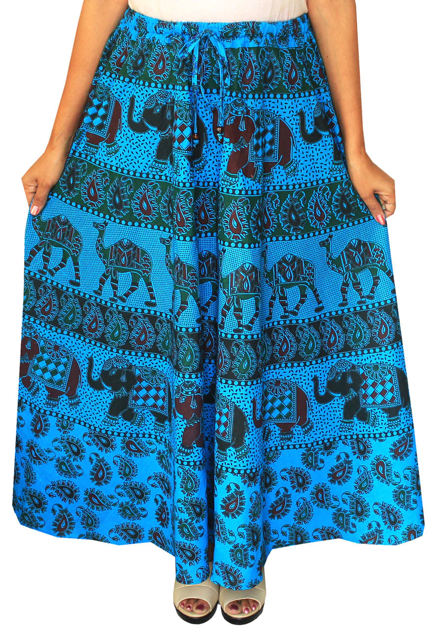 Printed Cotton Womens Long Skirt Indian Clothing (Blue) - Image 2