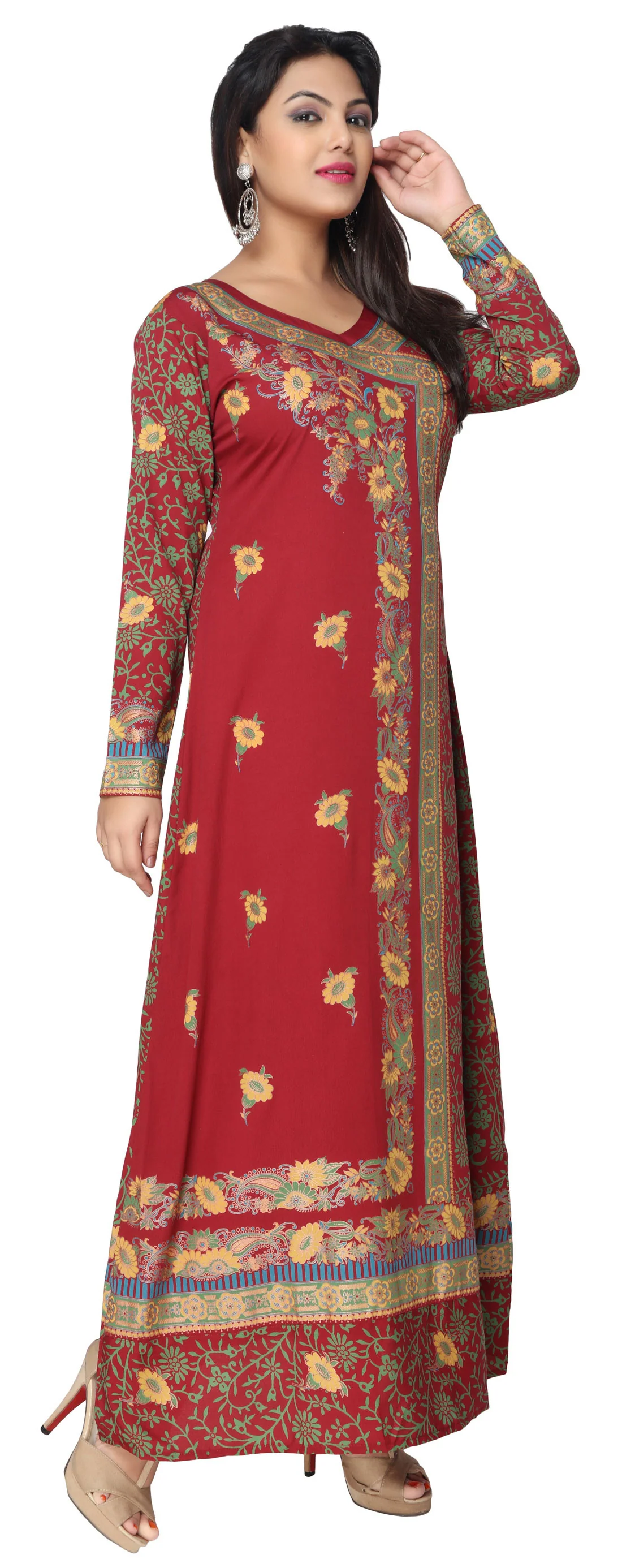 Printed Evening Kaftan Womens Long Dress Abayas (Red) - Image 2