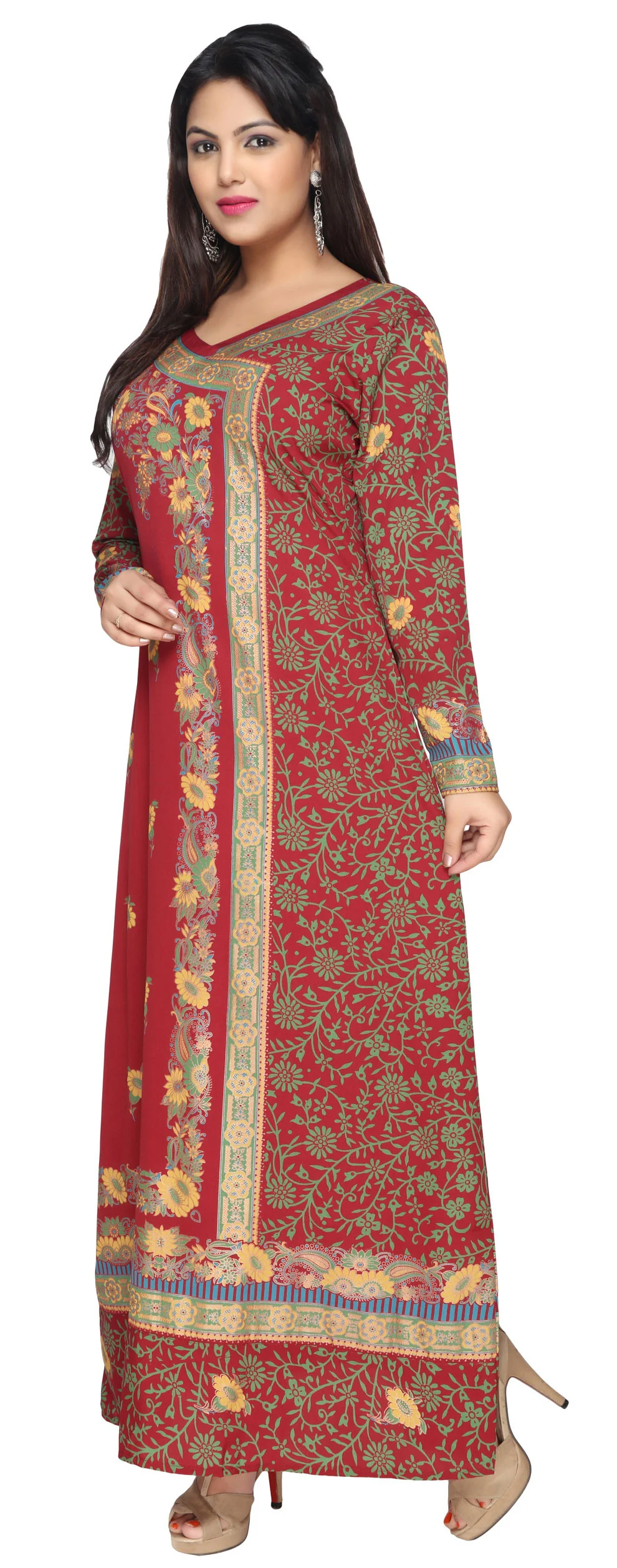 Printed Evening Kaftan Womens Long Dress Abayas (Red) - Image 3