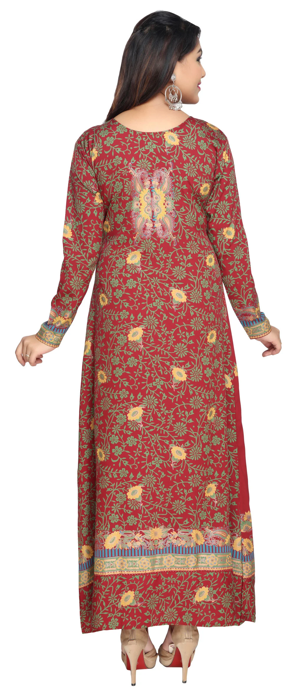 Printed Evening Kaftan Womens Long Dress Abayas (Red) - Image 4