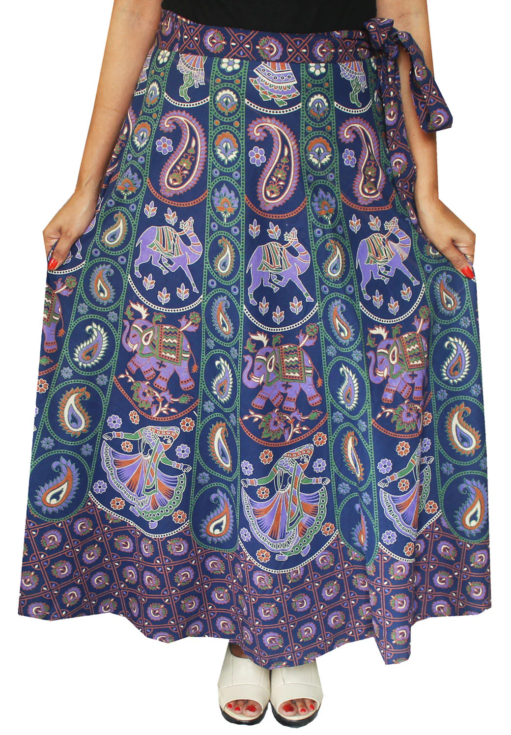 Printed Long Cotton Wrap Around Skirt India Women (Blue) - Image 2