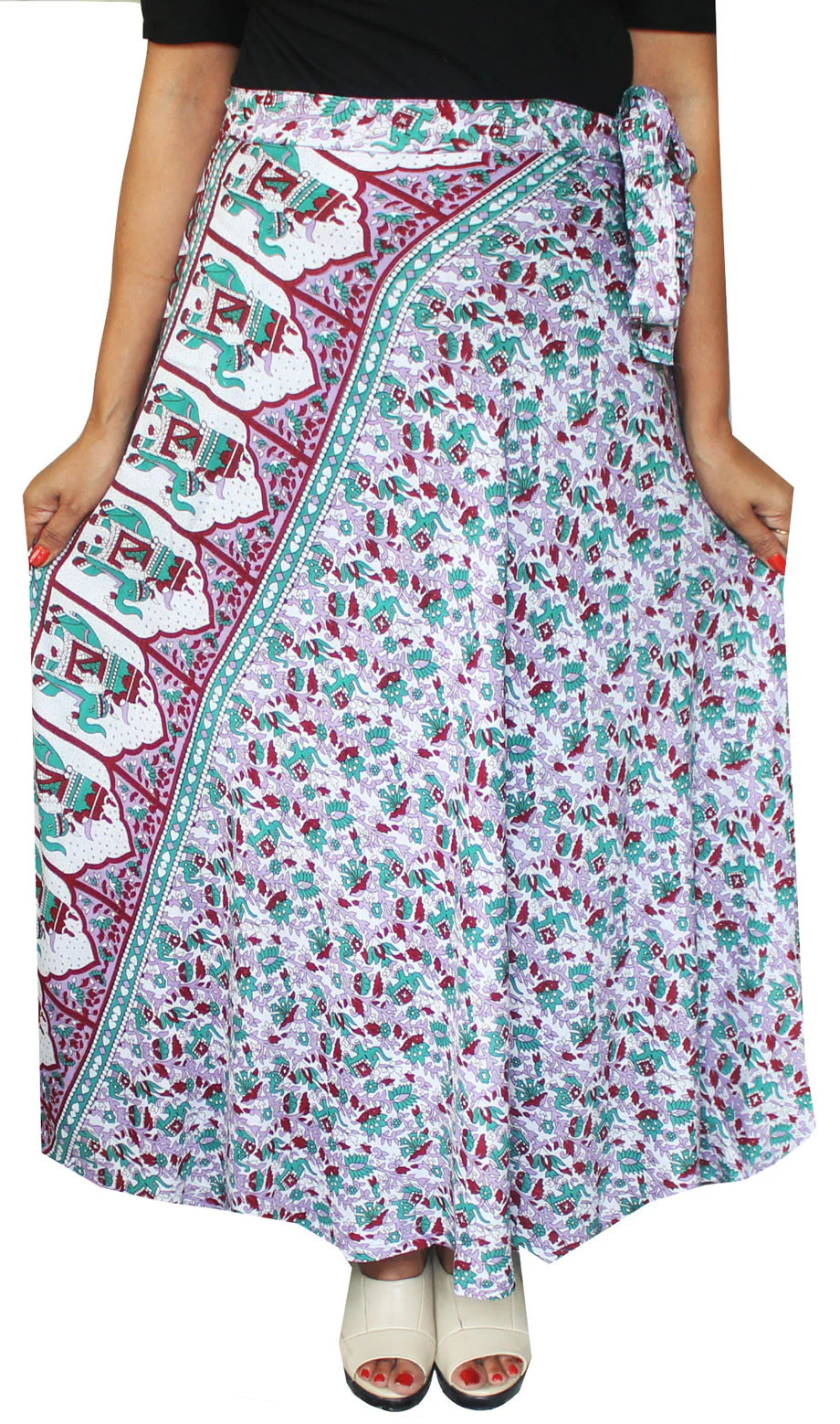 Printed Long Rayon Wrap Around Skirt India Women (Green) - Image 2