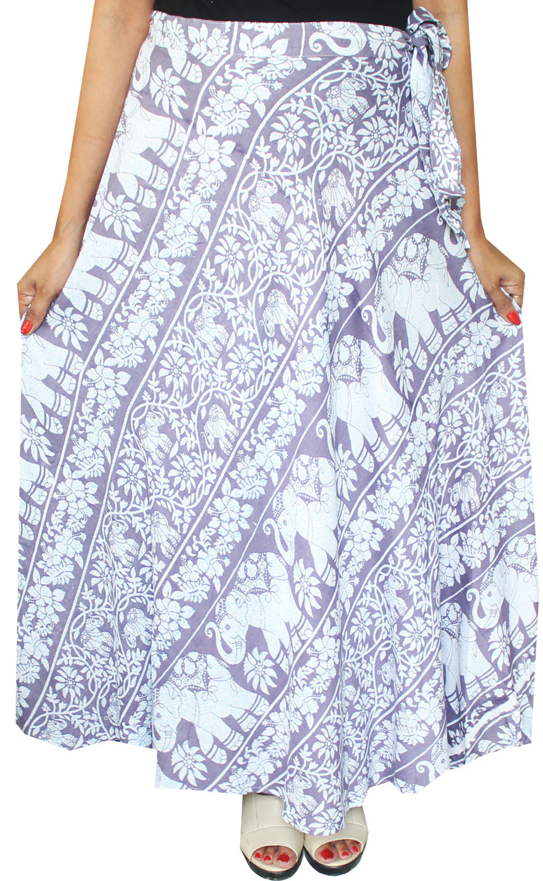 Printed Long Rayon Wrap Around Skirt India Women (Blue) - Image 2