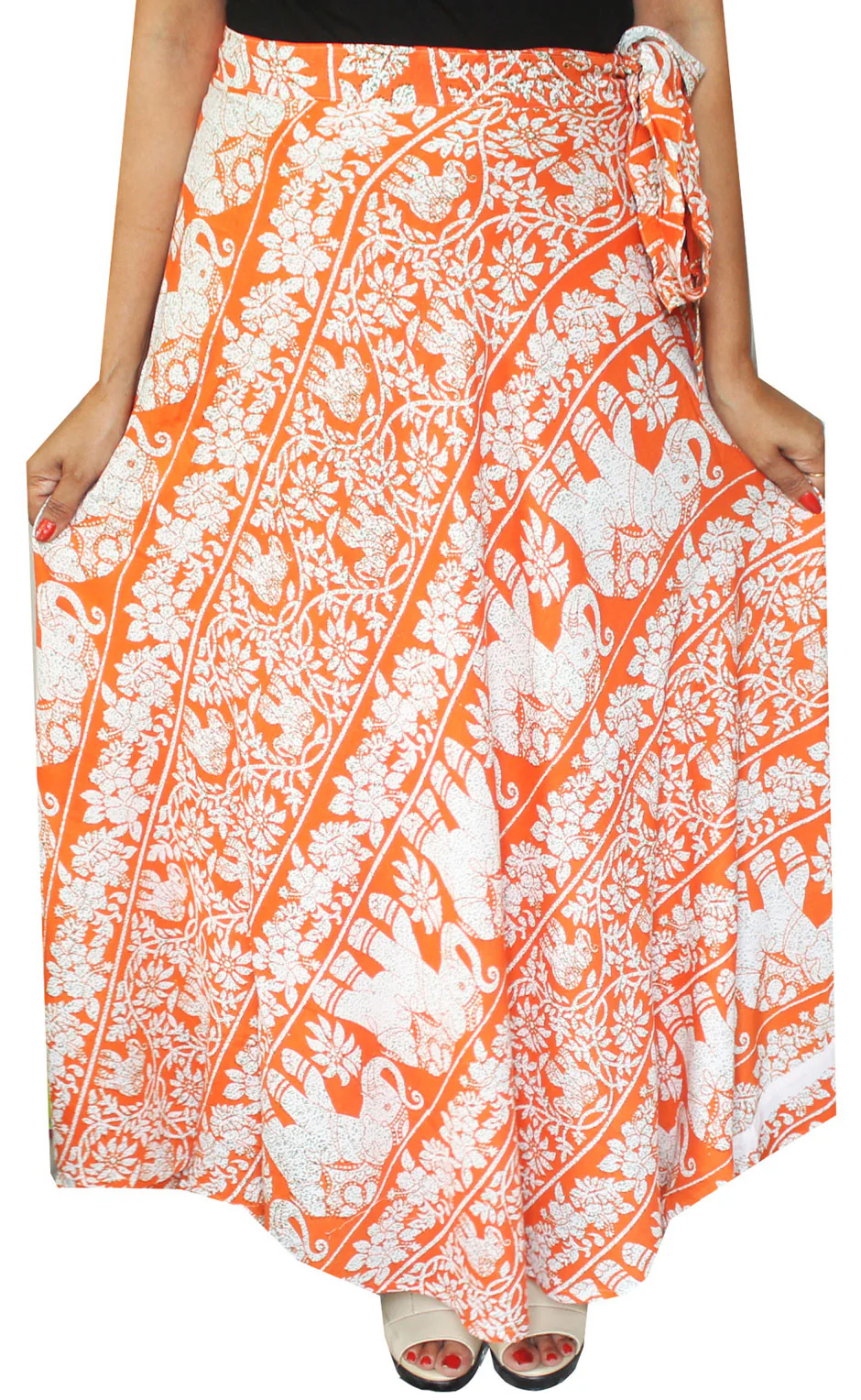 Printed Long Rayon Wrap Skirt India Women (Orange) - Image 2