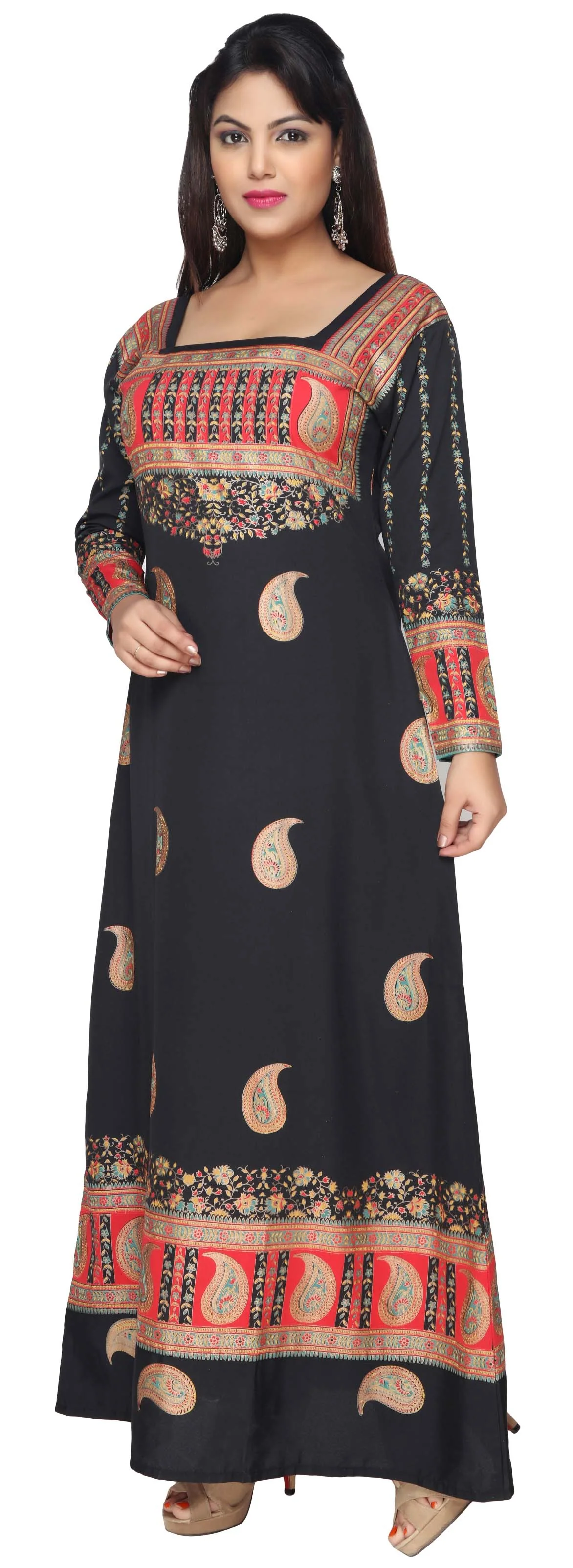 Printed Long Sleeve Kaftan Tunic Long Maxi Dress Women's Abayas (Black) - Image 2