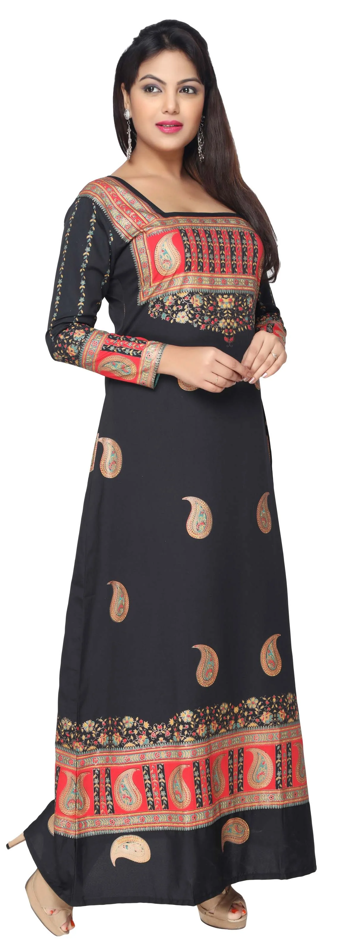 Printed Long Sleeve Kaftan Tunic Long Maxi Dress Women's Abayas (Black) - Image 3