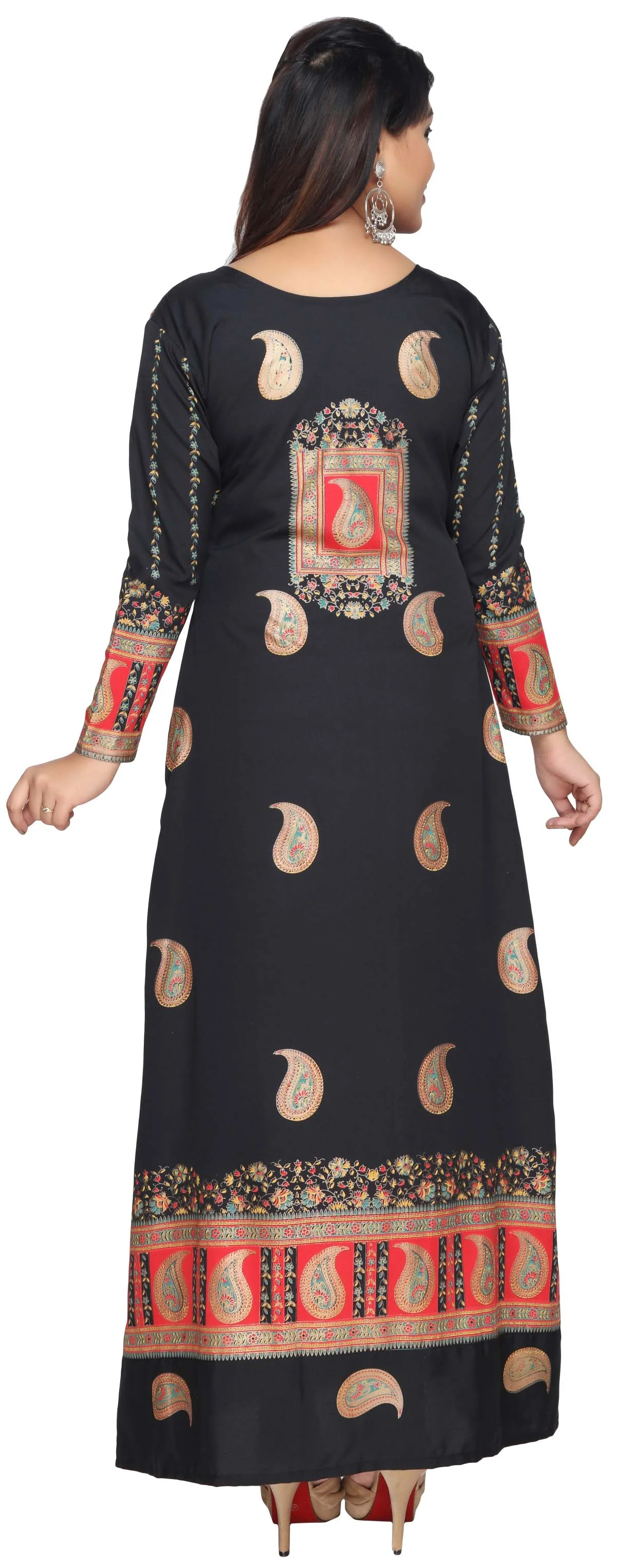 Printed Long Sleeve Kaftan Tunic Long Maxi Dress Women's Abayas (Black) - Image 4