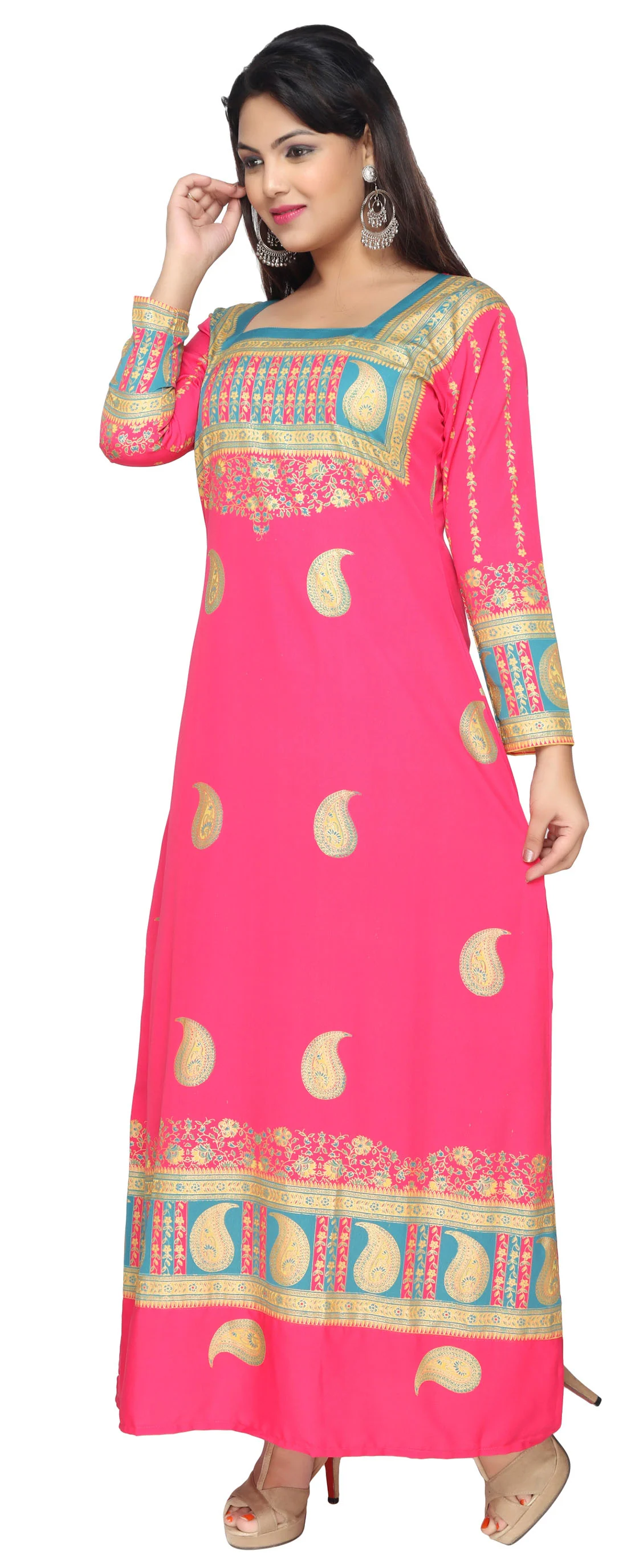 Printed Long Sleeve Women's Caftan Long Evening Dress (Pink) - Image 2