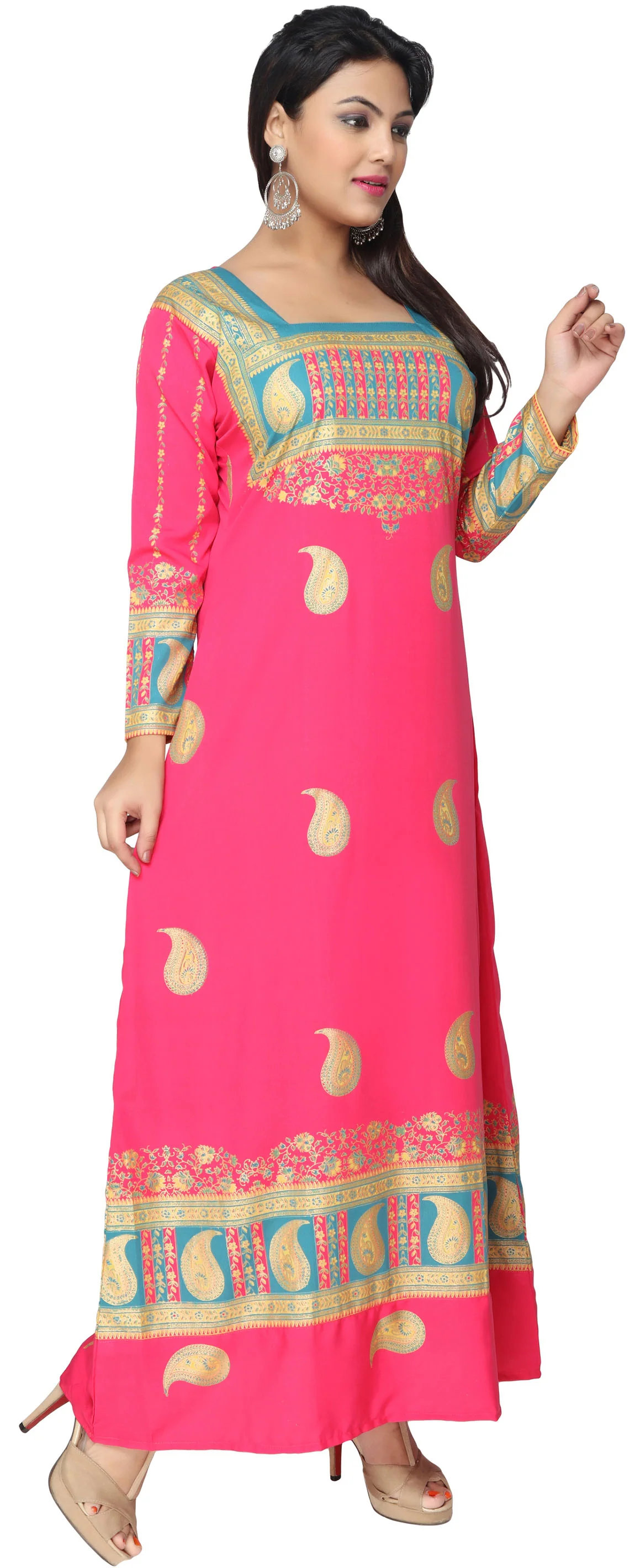 Printed Long Sleeve Women's Caftan Long Evening Dress (Pink) - Image 3