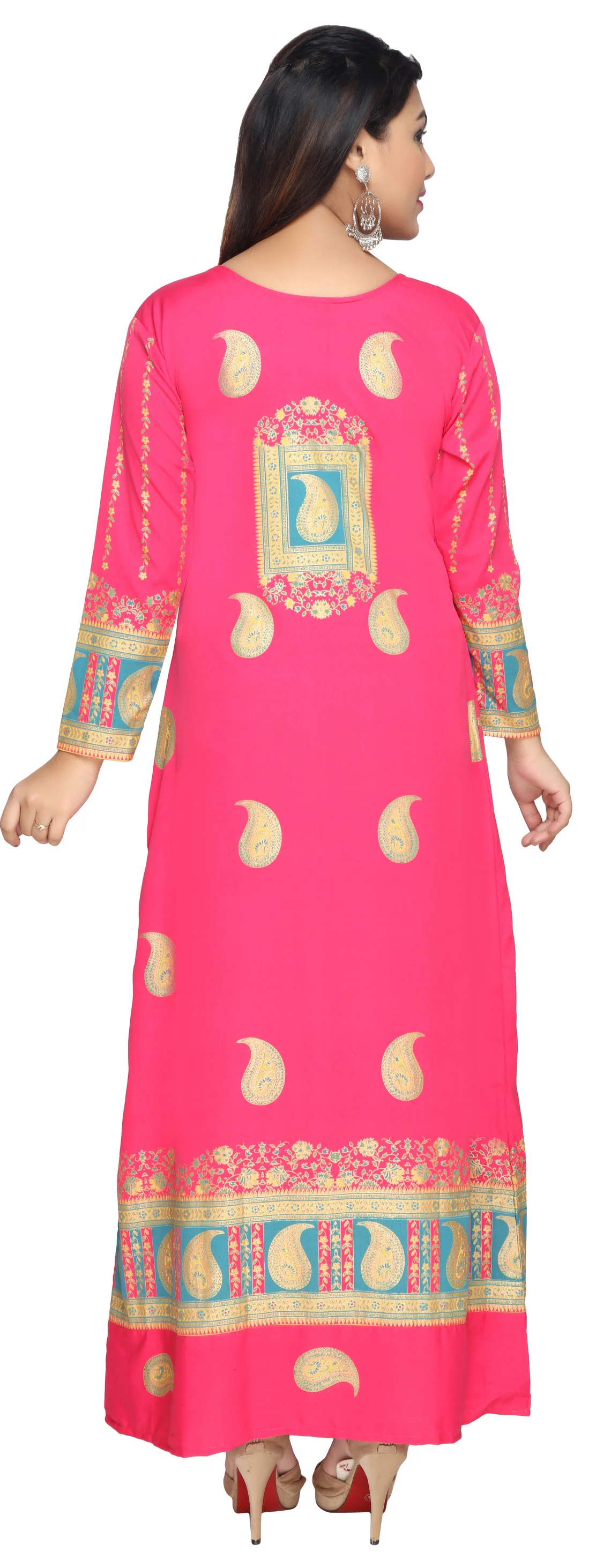 Printed Long Sleeve Women's Caftan Long Evening Dress (Pink) - Image 4