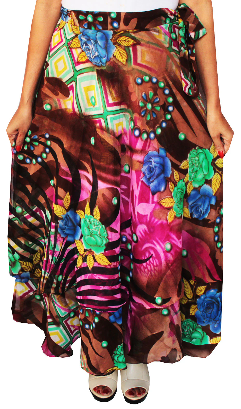 Printed Long Womens Wrap Indian Skirt India Clothes (Brown) - Image 2