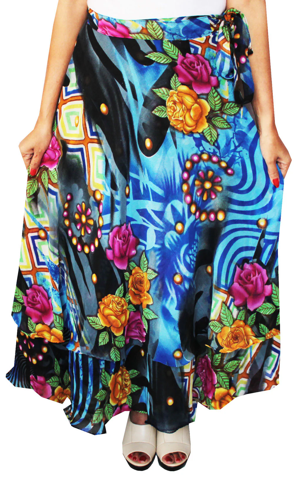 Printed Long Wrap Indian Skirt Womens India Clothes (Blue) - Image 2