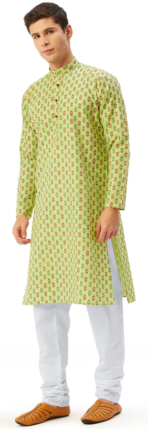 Printed Men's Cotton Kurta Pajama Casual Wear India Apparel (Green) - Image 2