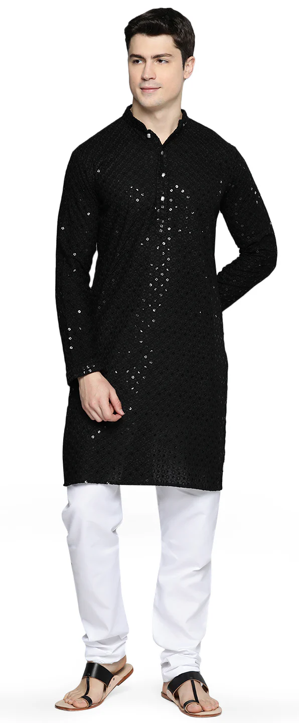 Indian Chikankari Sequined Cotton Men's Kurta Pajama Party Wear (Black)