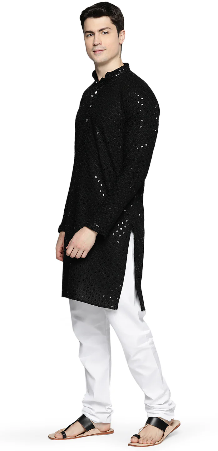 Indian Chikankari Sequined Cotton Men's Kurta Pajama Party Wear (Black) - Image 2