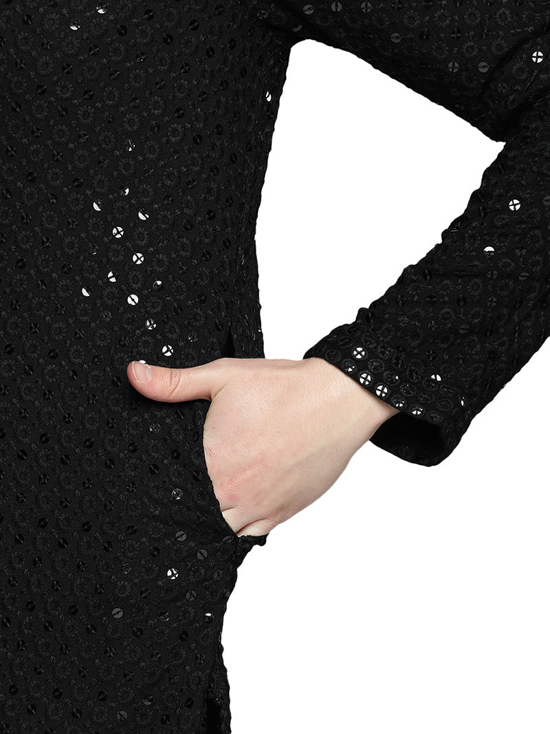 Indian Chikankari Sequined Cotton Men's Kurta Pajama Party Wear (Black) - Image 4