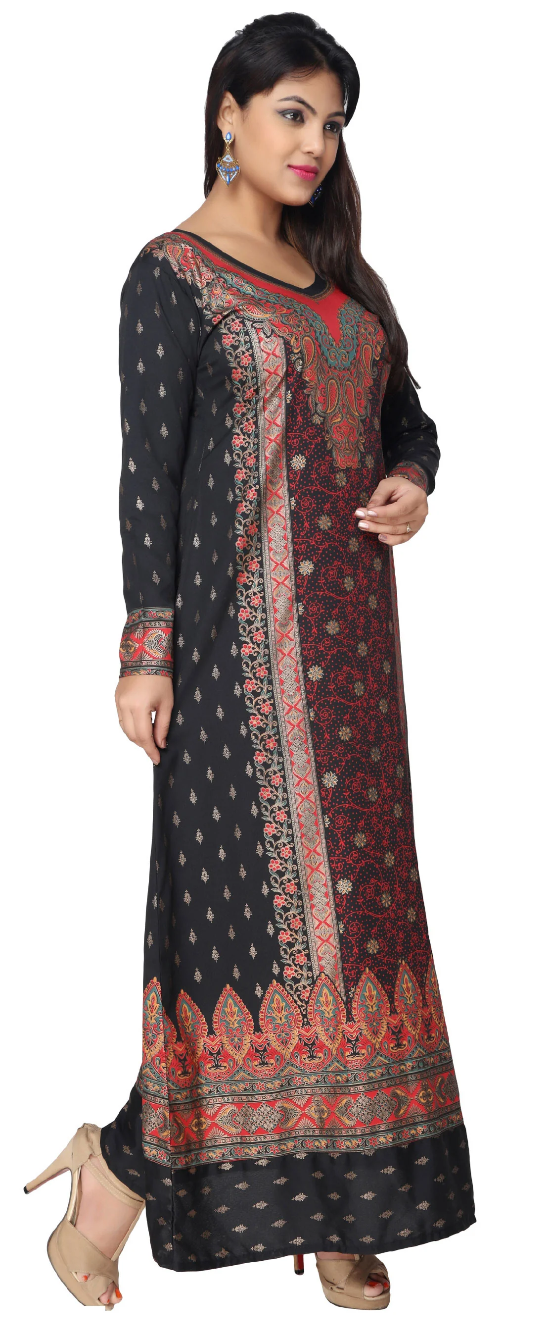 Printed Womens Caftan Long Evening Dress (Black-Red) - Image 2
