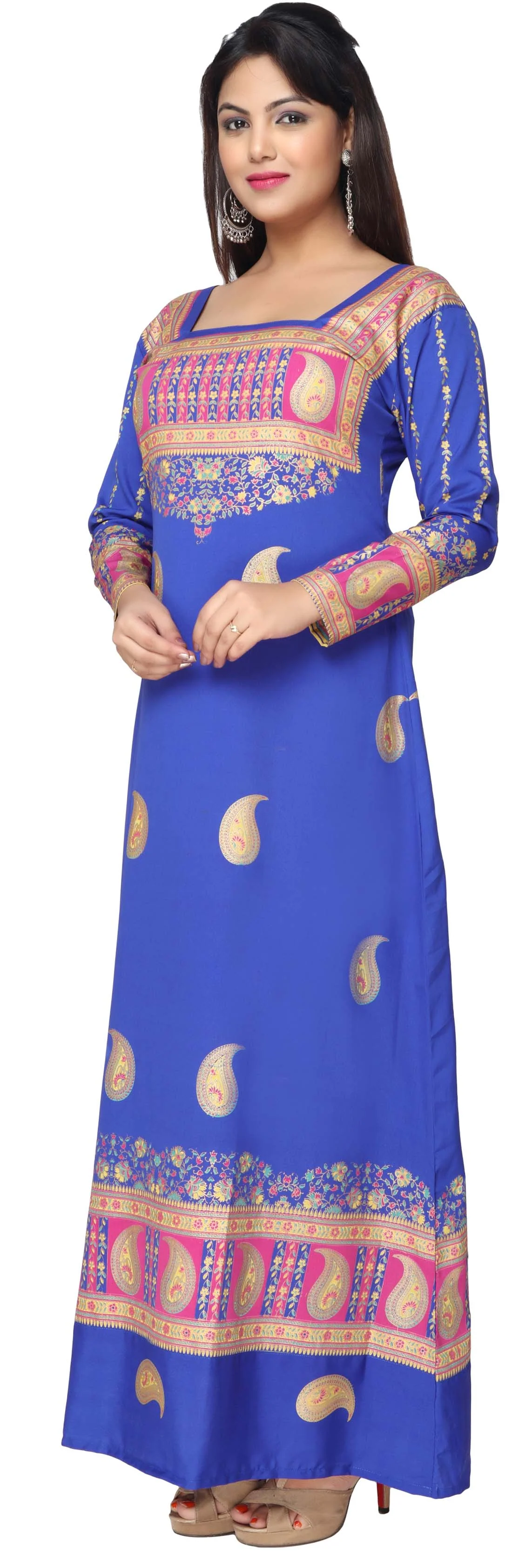 Printed Women's Caftan Long Evening Dress Long Sleeve (Blue) - Image 2