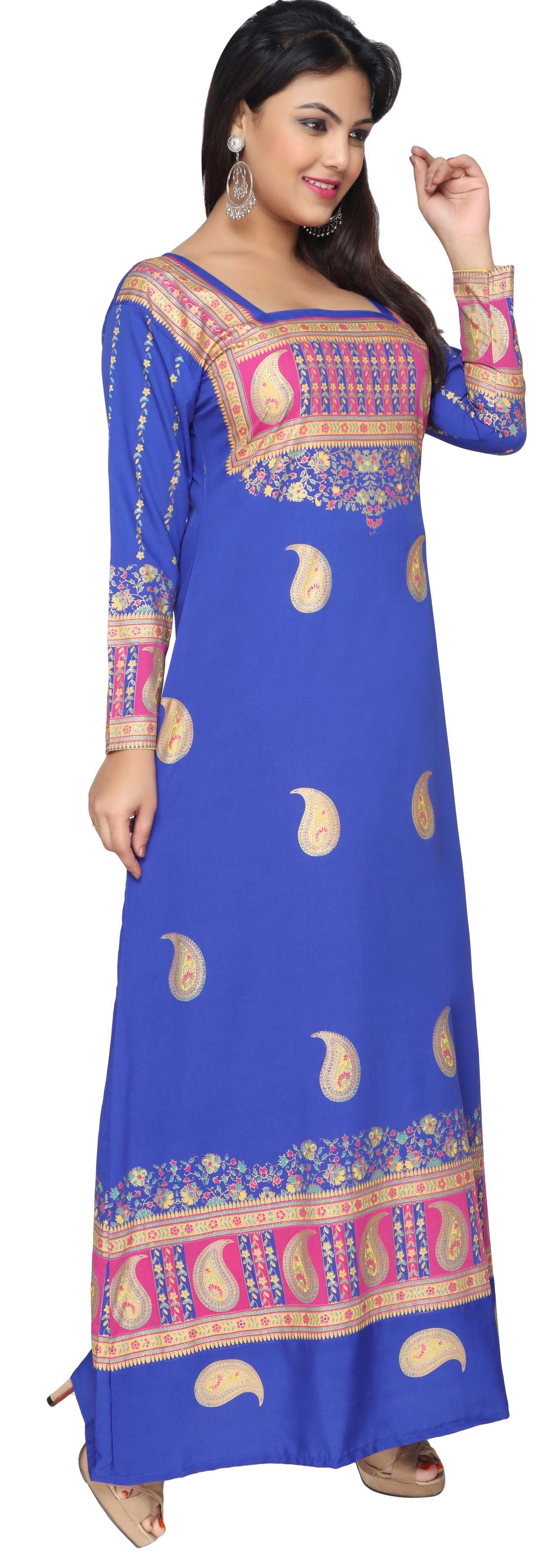 Printed Women's Caftan Long Evening Dress Long Sleeve (Blue) - Image 3