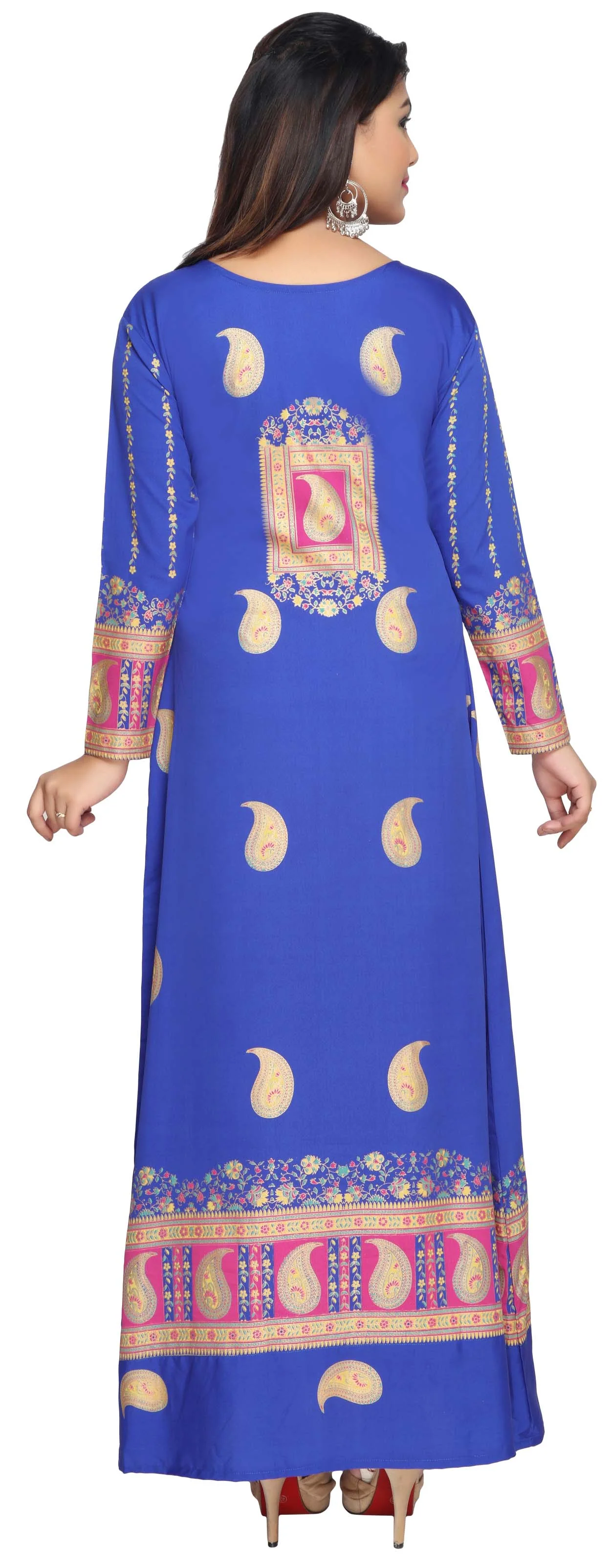 Printed Women's Caftan Long Evening Dress Long Sleeve (Blue) - Image 4
