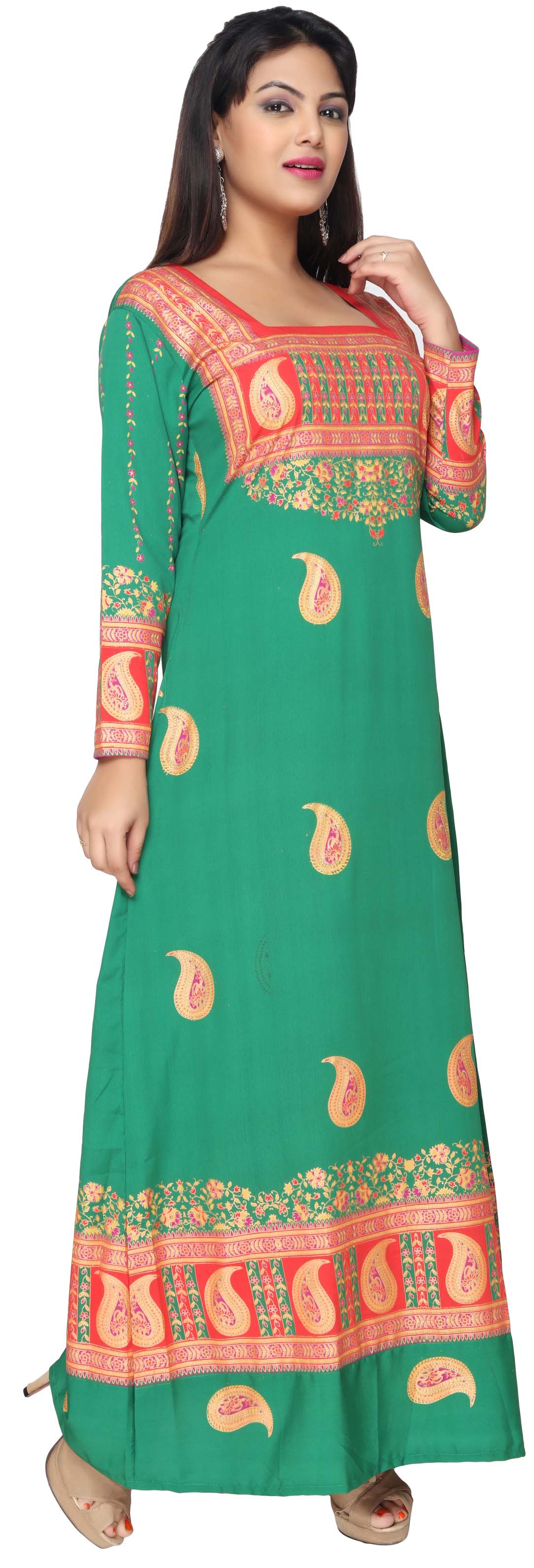 Printed Women's Caftan Long Evening Dress Long Sleeve (Green) - Image 3