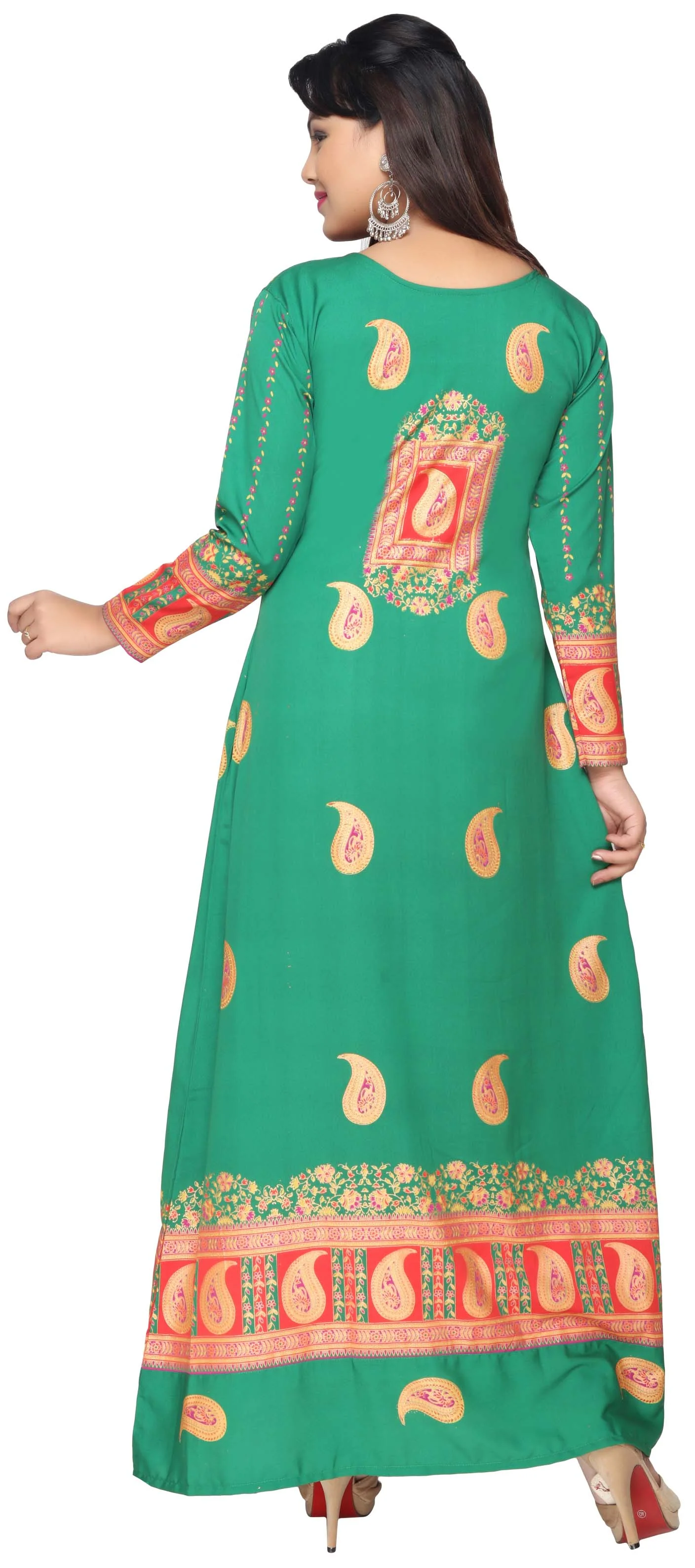 Printed Women's Caftan Long Evening Dress Long Sleeve (Green) - Image 4