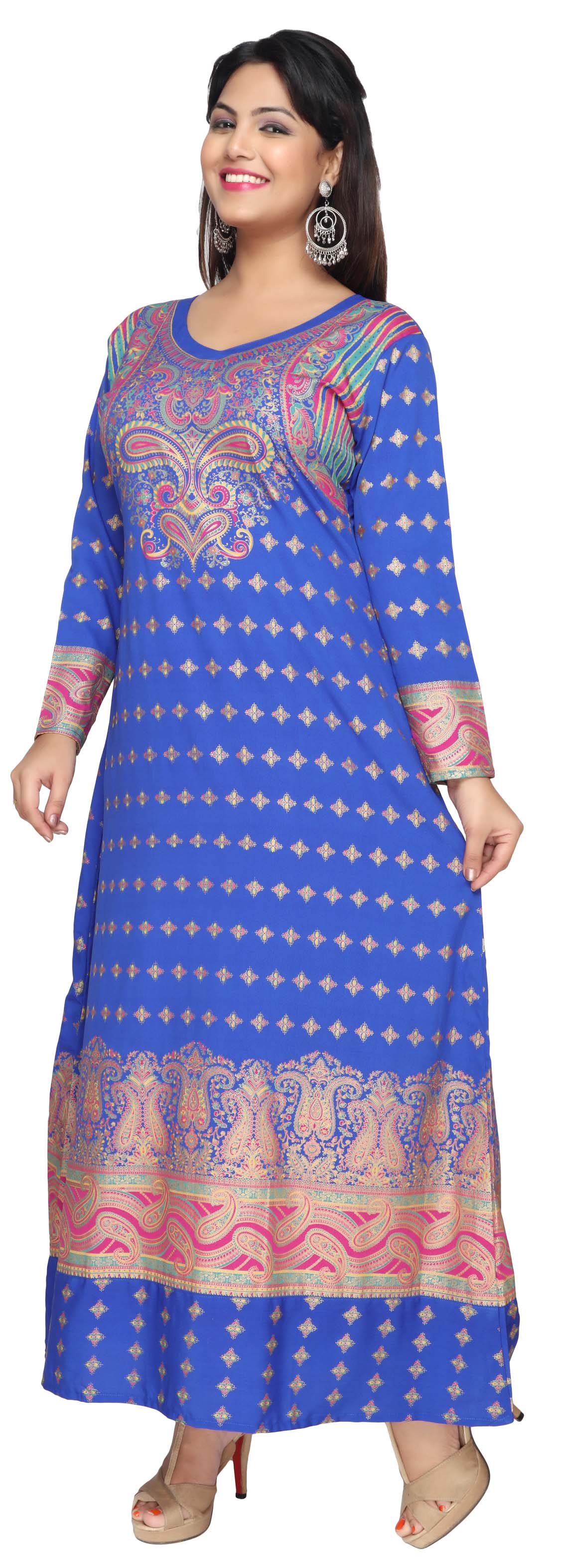 Printed Women's Caftan Long Sleeve Evening Dress Abayas (Blue) - Image 3