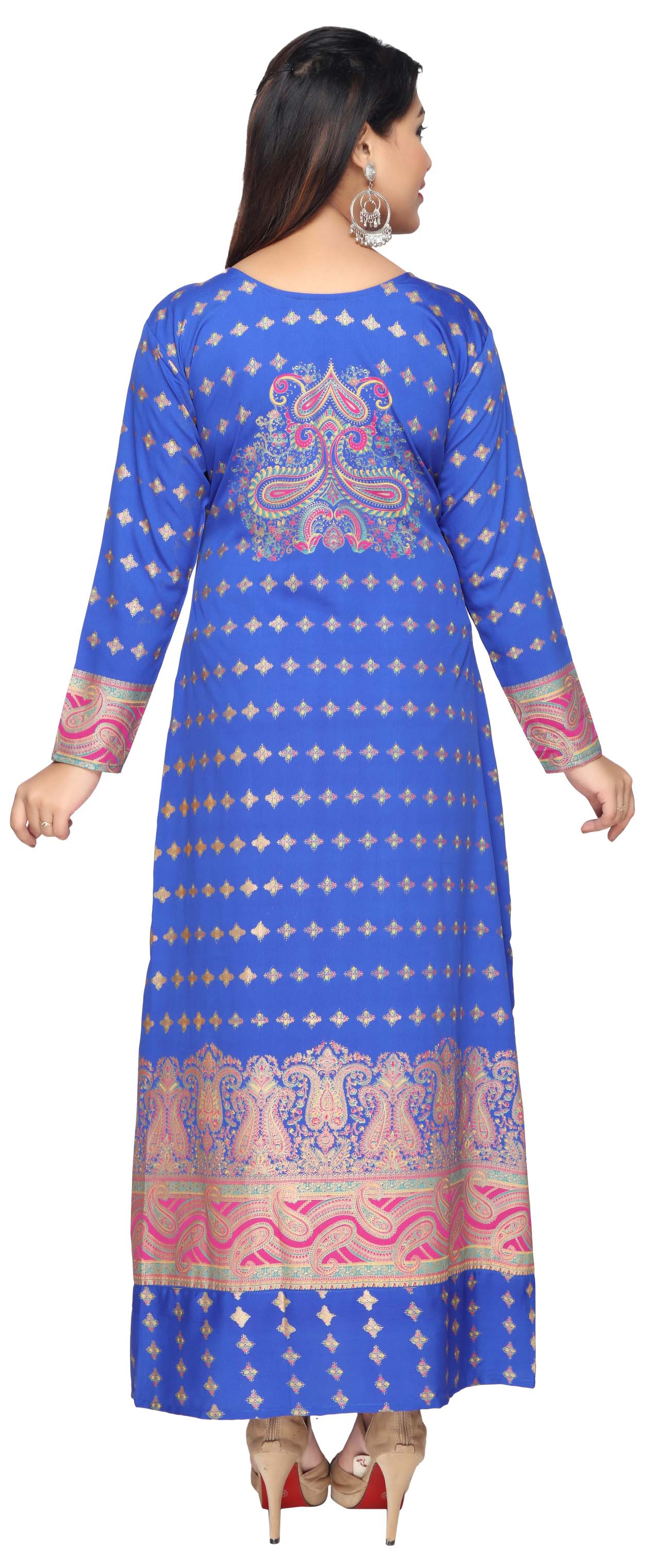 Printed Women's Caftan Long Sleeve Evening Dress Abayas (Blue) - Image 4