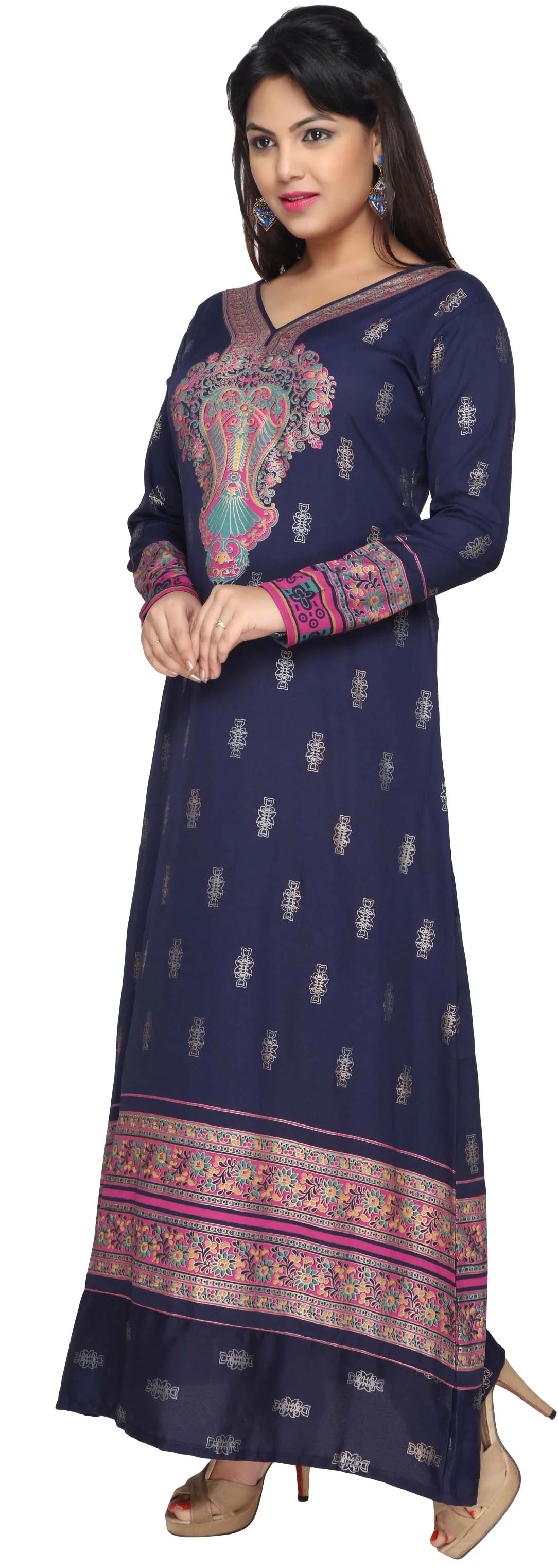 Printed Women's Caftan Long Sleeve Evening Dress Abayas (Blue) - Image 2