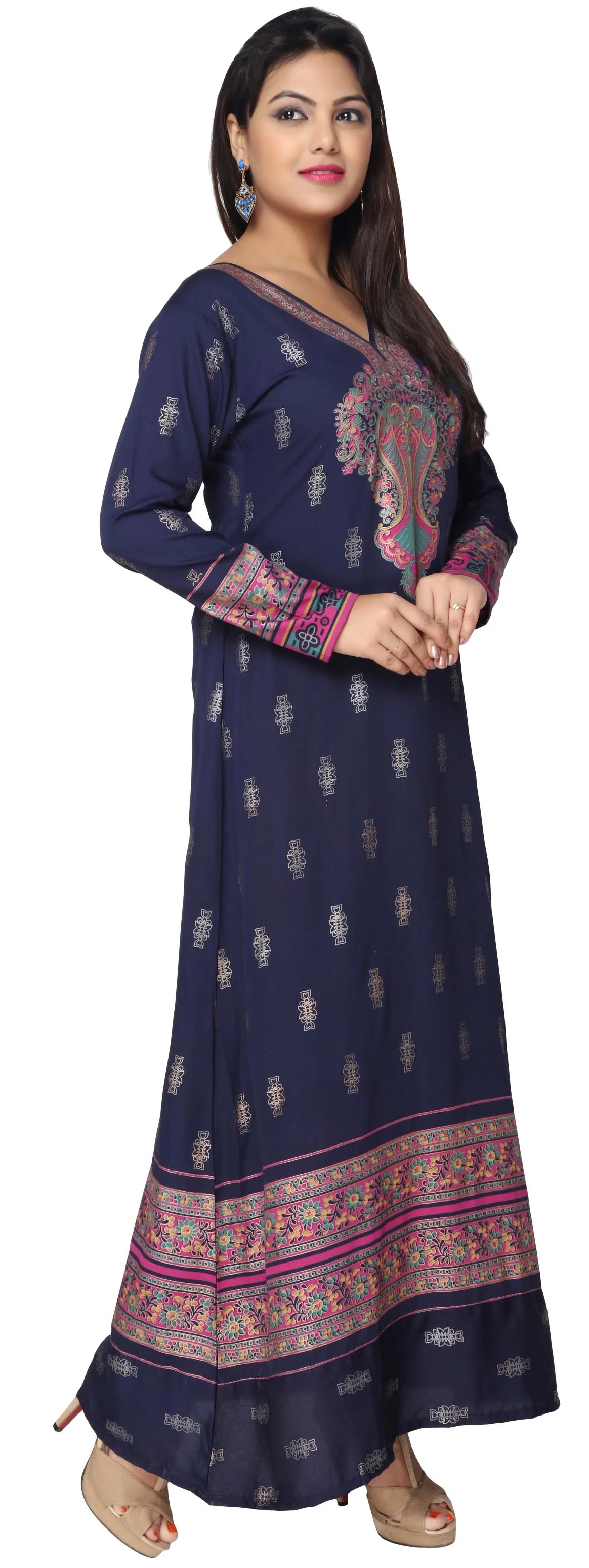 Printed Women's Caftan Long Sleeve Evening Dress Abayas (Blue) - Image 3