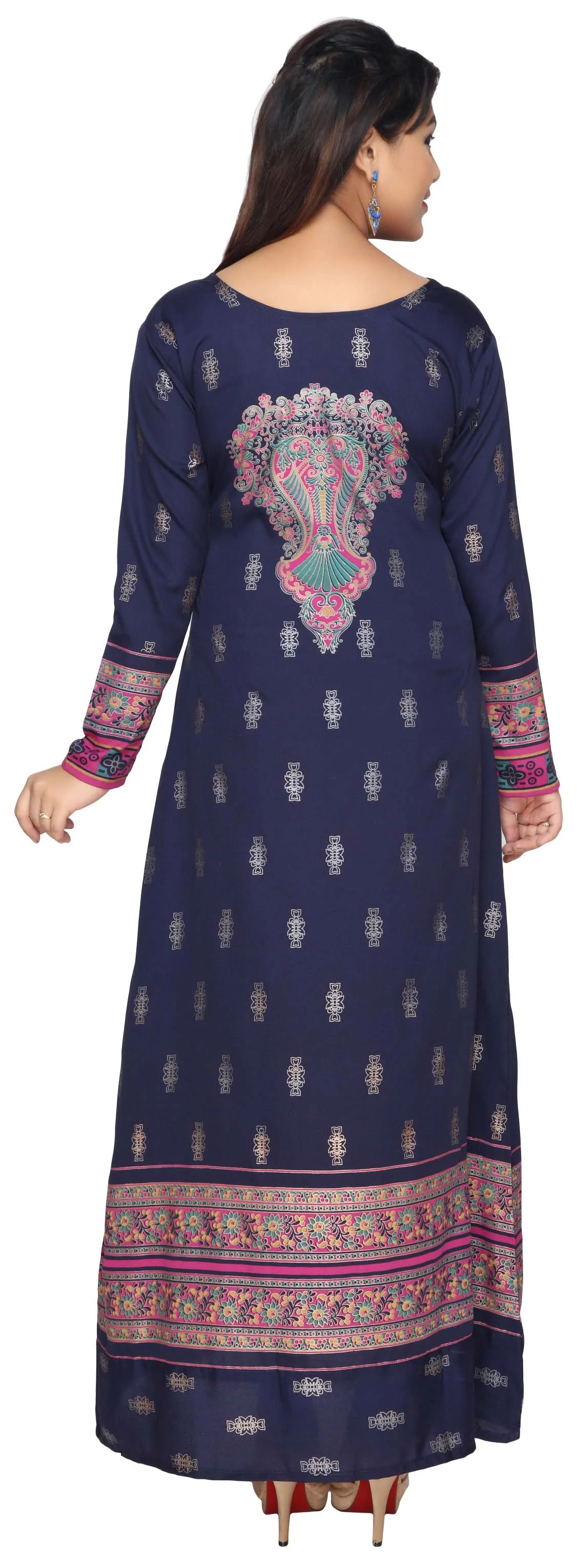 Printed Women's Caftan Long Sleeve Evening Dress Abayas (Blue) - Image 4