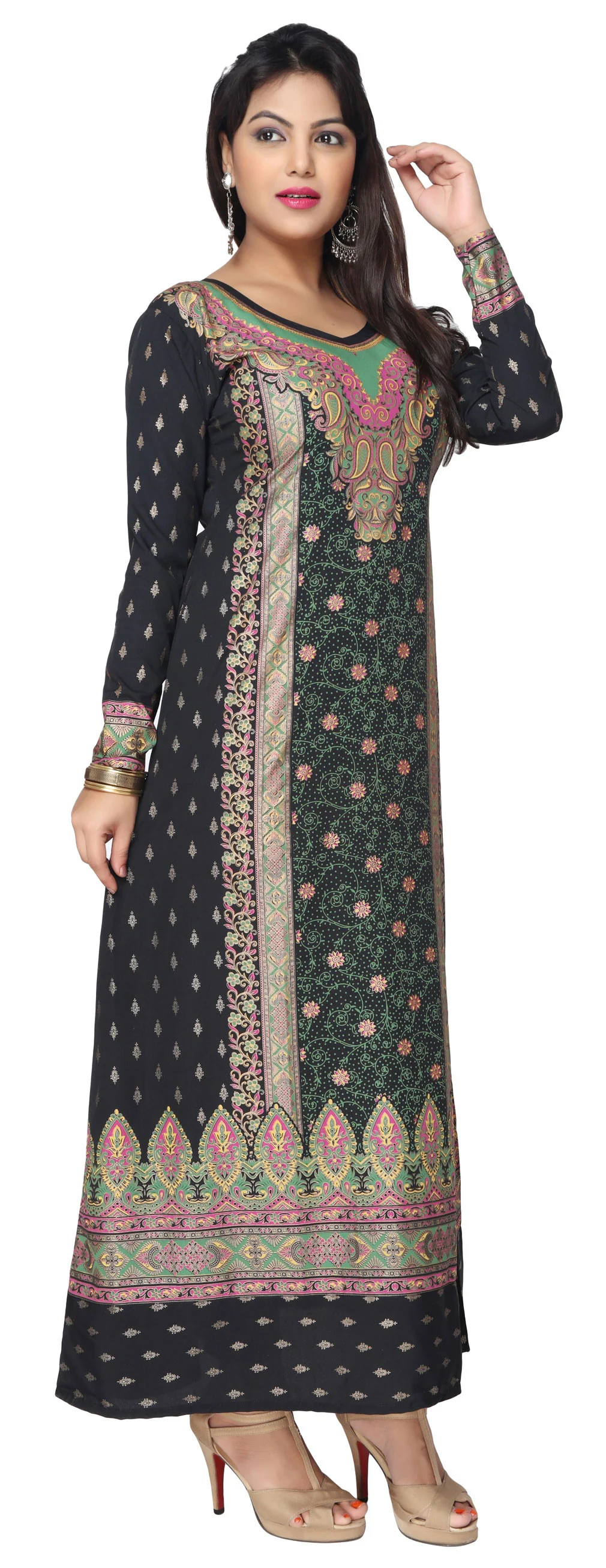 Printed Womens Kaftan Long Evening Dress (Black-Green) - Image 2