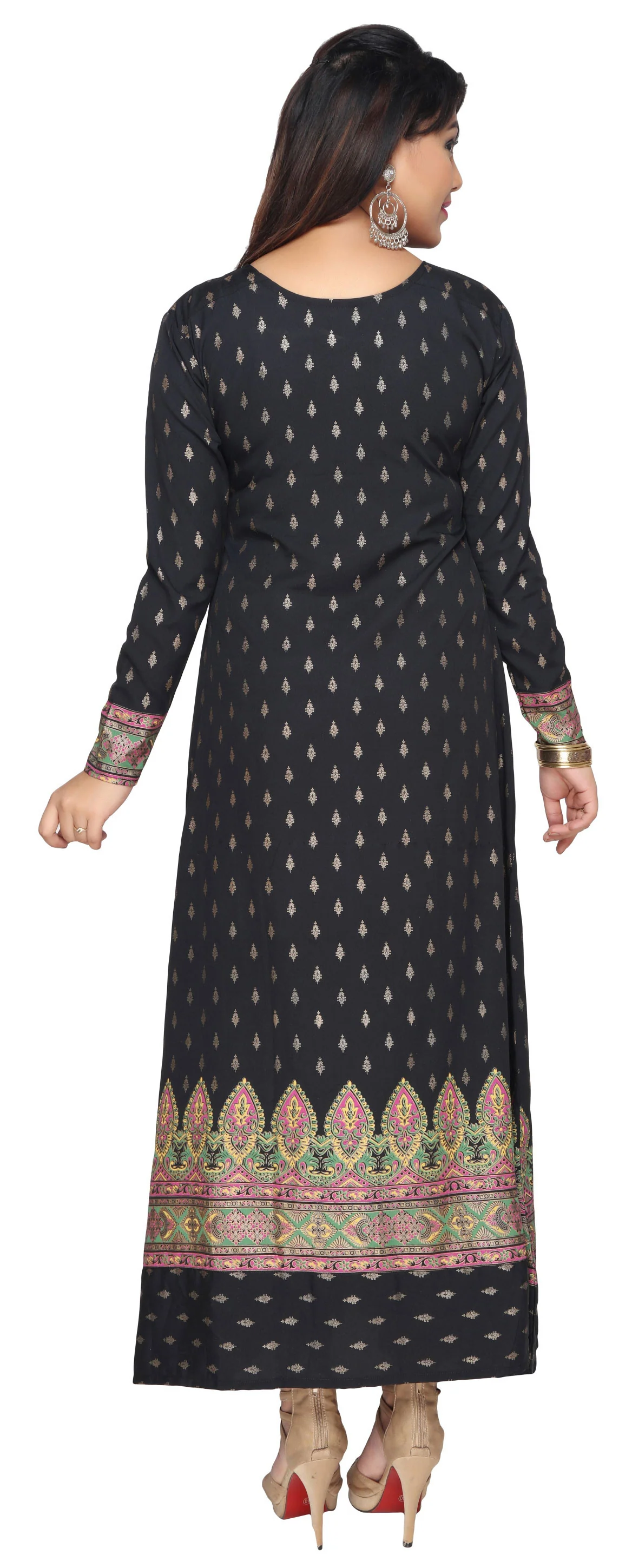 Printed Womens Kaftan Long Evening Dress (Black-Green) - Image 3