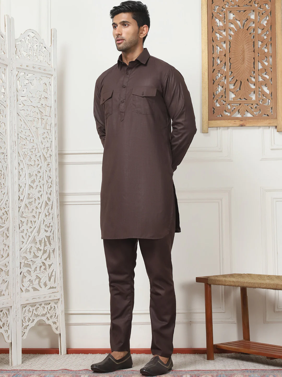 Punjabi Kurta Pajama Set Cotton – Traditional Indian Wear for Men (Coffee) - Image 2