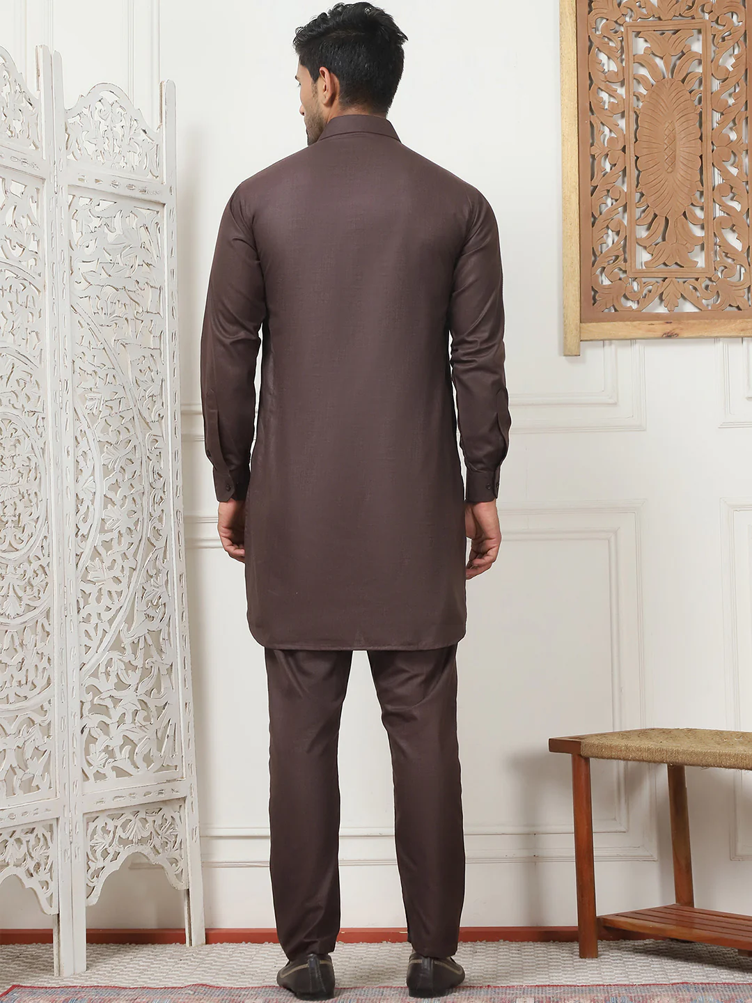 Punjabi Kurta Pajama Set Cotton – Traditional Indian Wear for Men (Coffee) - Image 3